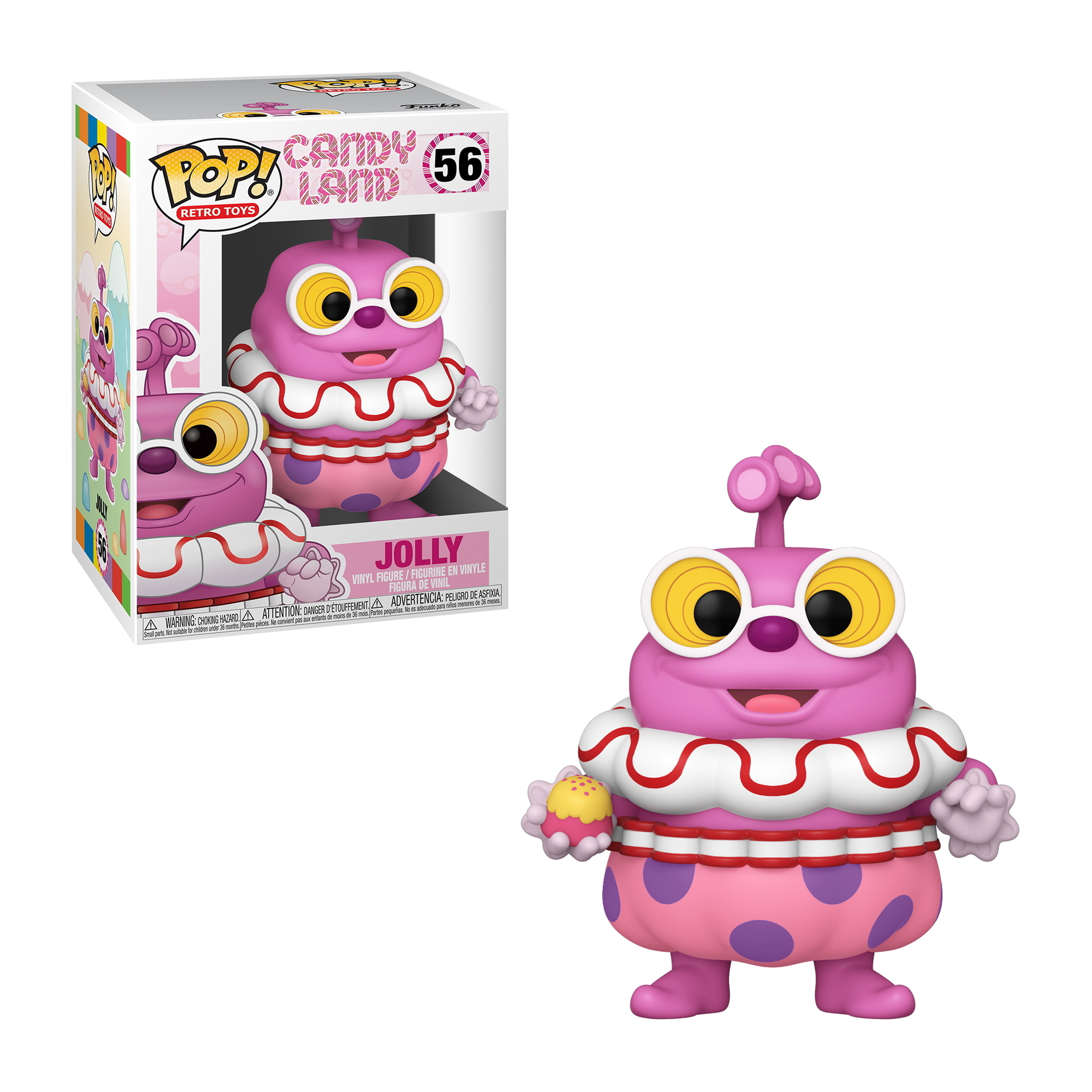 Figura Jolly di Candy Land con una scatola a sinistra, che tiene caramelle. Rosa con pois.