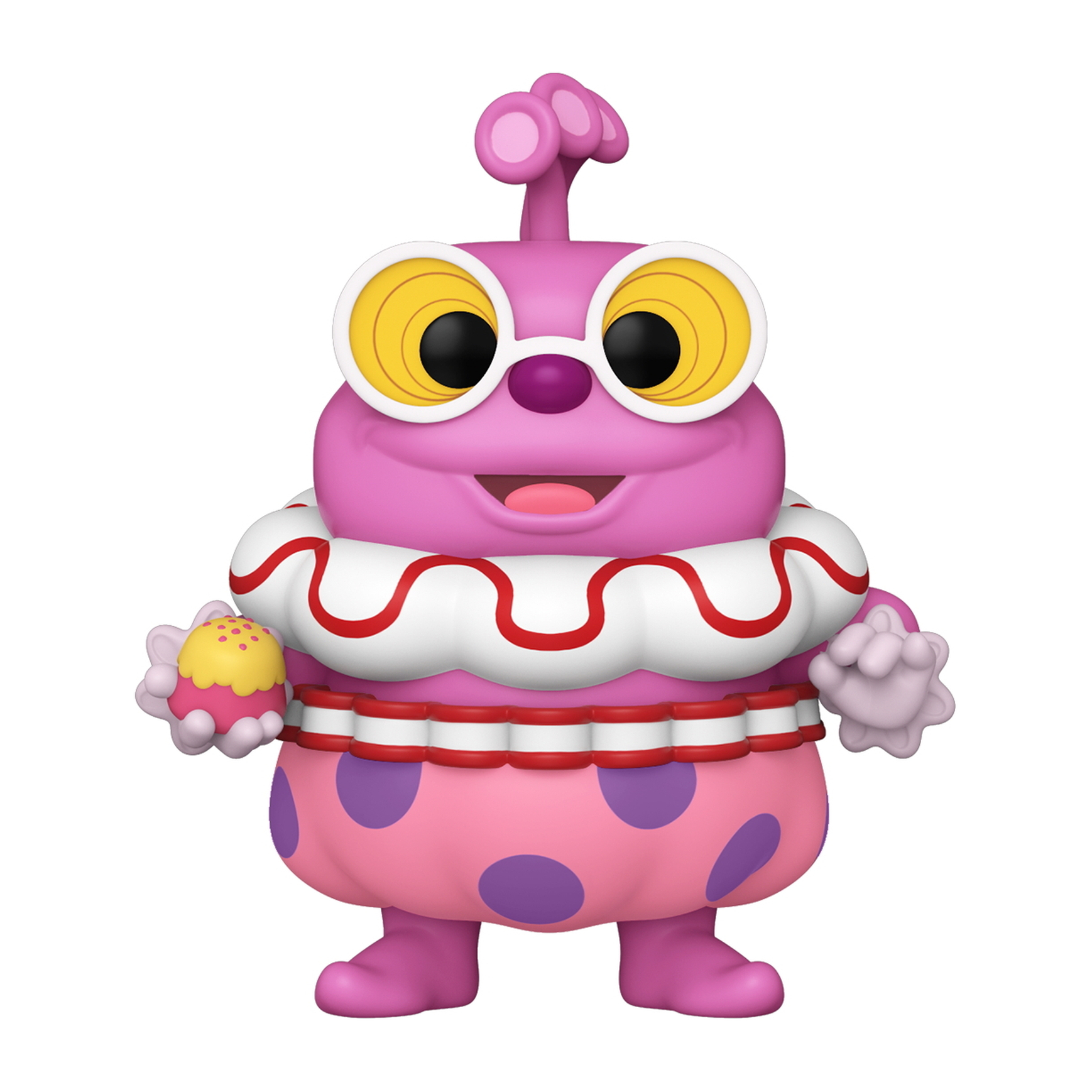 Una figura Funko Pop di un alieno rosa con grandi occhi gialli e un piccolo cupcake.