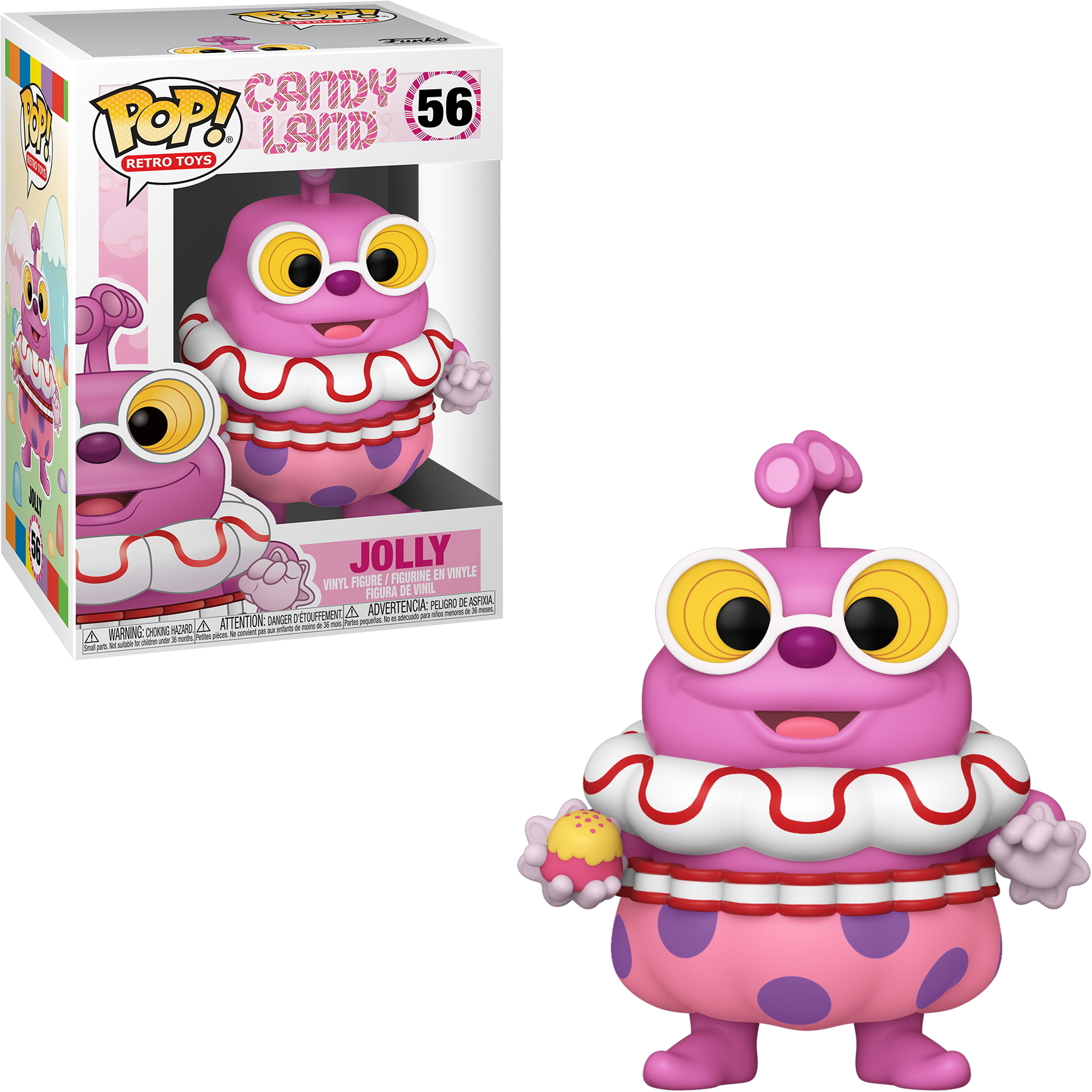 Funko Pop di Jolly da Candy Land, tiene una caramella, indossa un abito rosa.