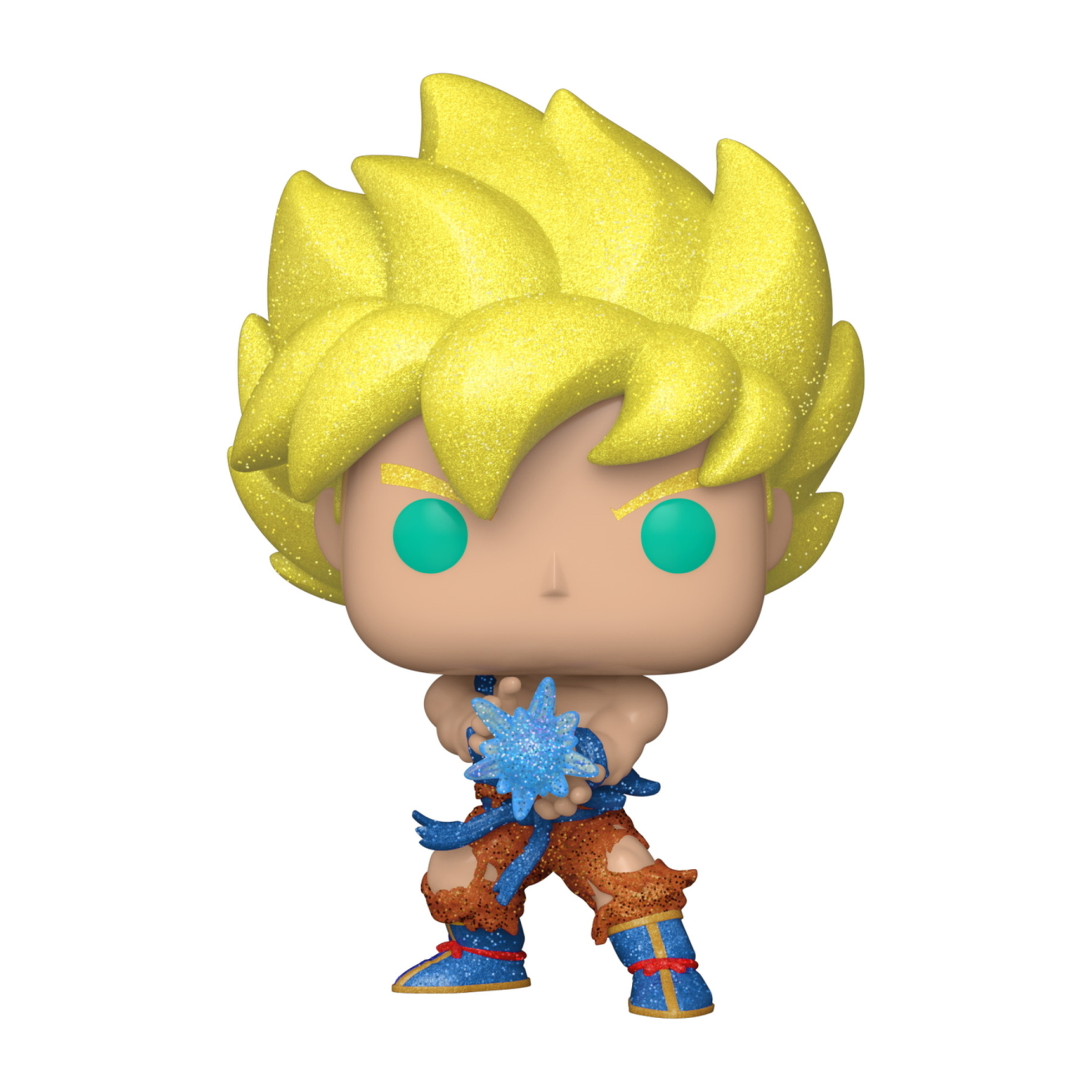 Figurka Funko Pop Goku z żółtymi włosami, niebieskimi oczami i niebieską kulą energii.