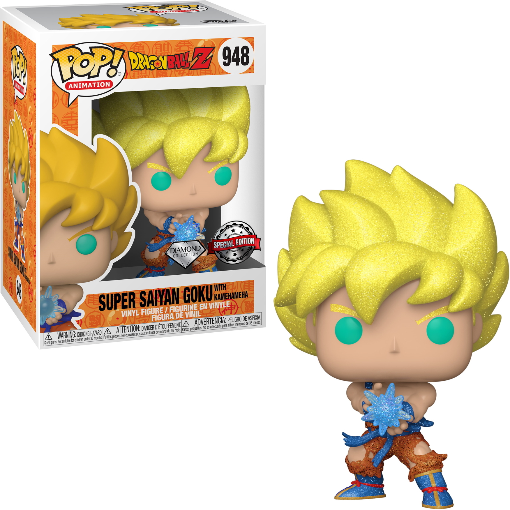 Figurka Super Saiyan Goku Funko Pop z kolczastymi żółtymi włosami i niebieskim efektem energii. Trzyma kulę energii.
