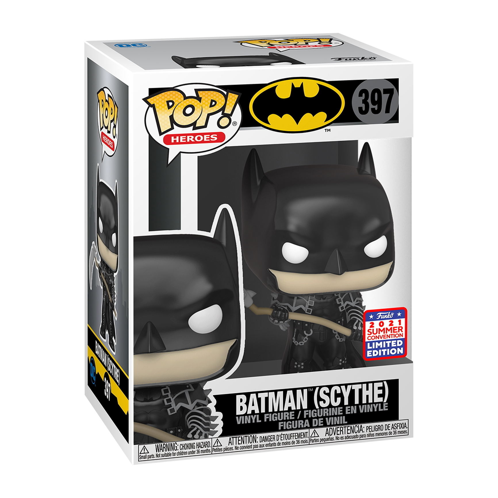 Batman (Scythe) Funko Pop Figur in einer Box. Schwarze Batman-Figur mit Sense und Fledermaussymbol.