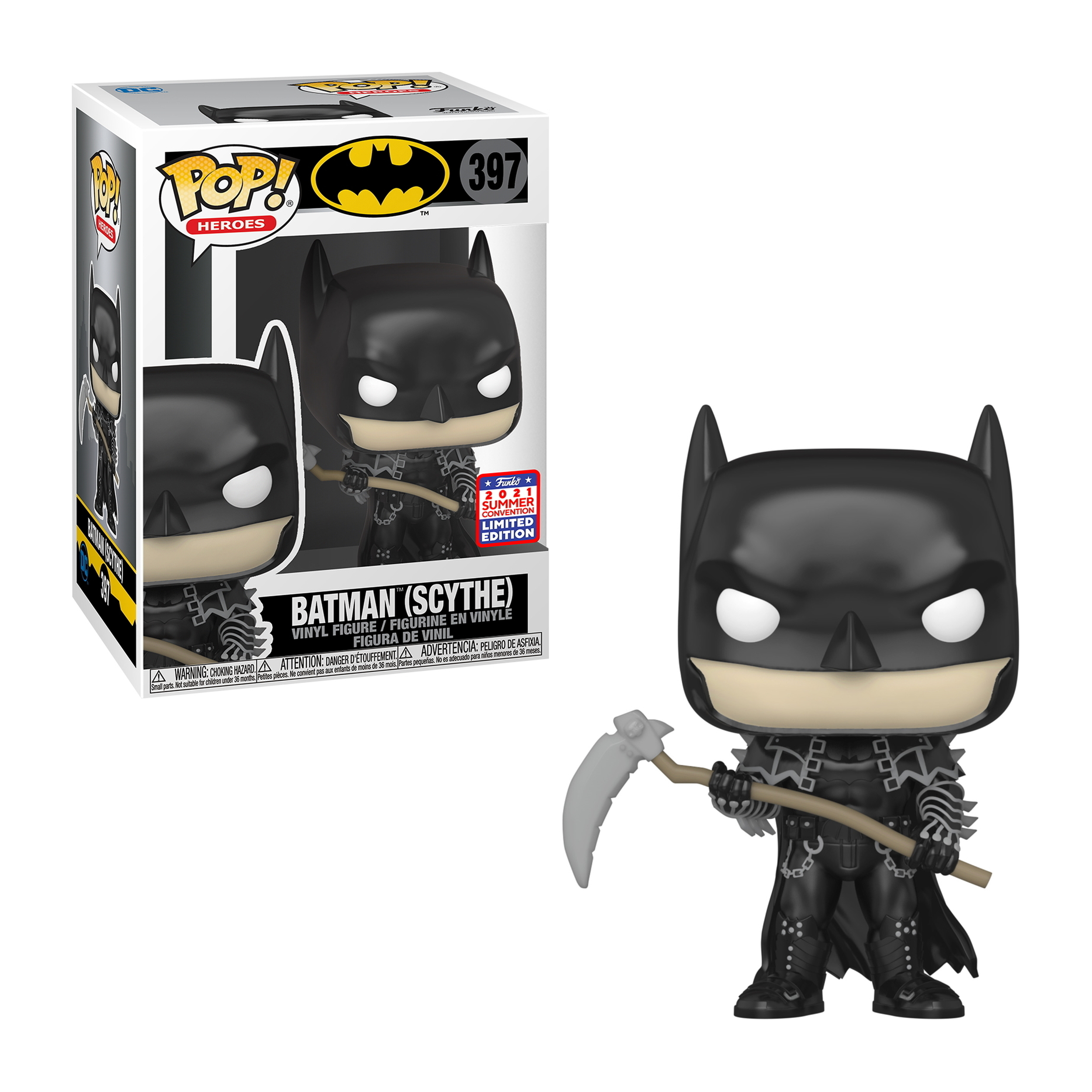 Batman (Scythe) Funko POP Figur, die eine Sense hält, neben ihrer Box. Schwarz und grau.