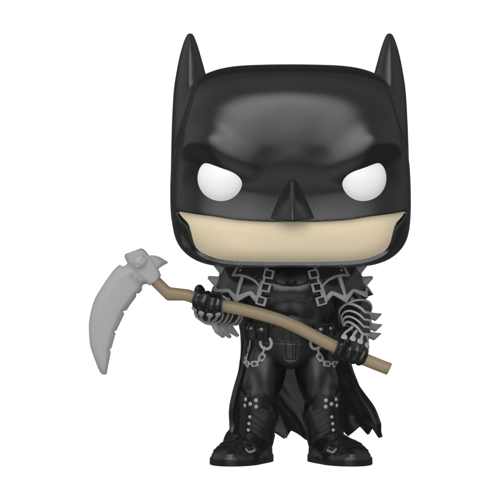 Batman Who Laughs Funko Pop Figur, trägt Schwarz und eine Sense. Weißes Gesicht und Augen.