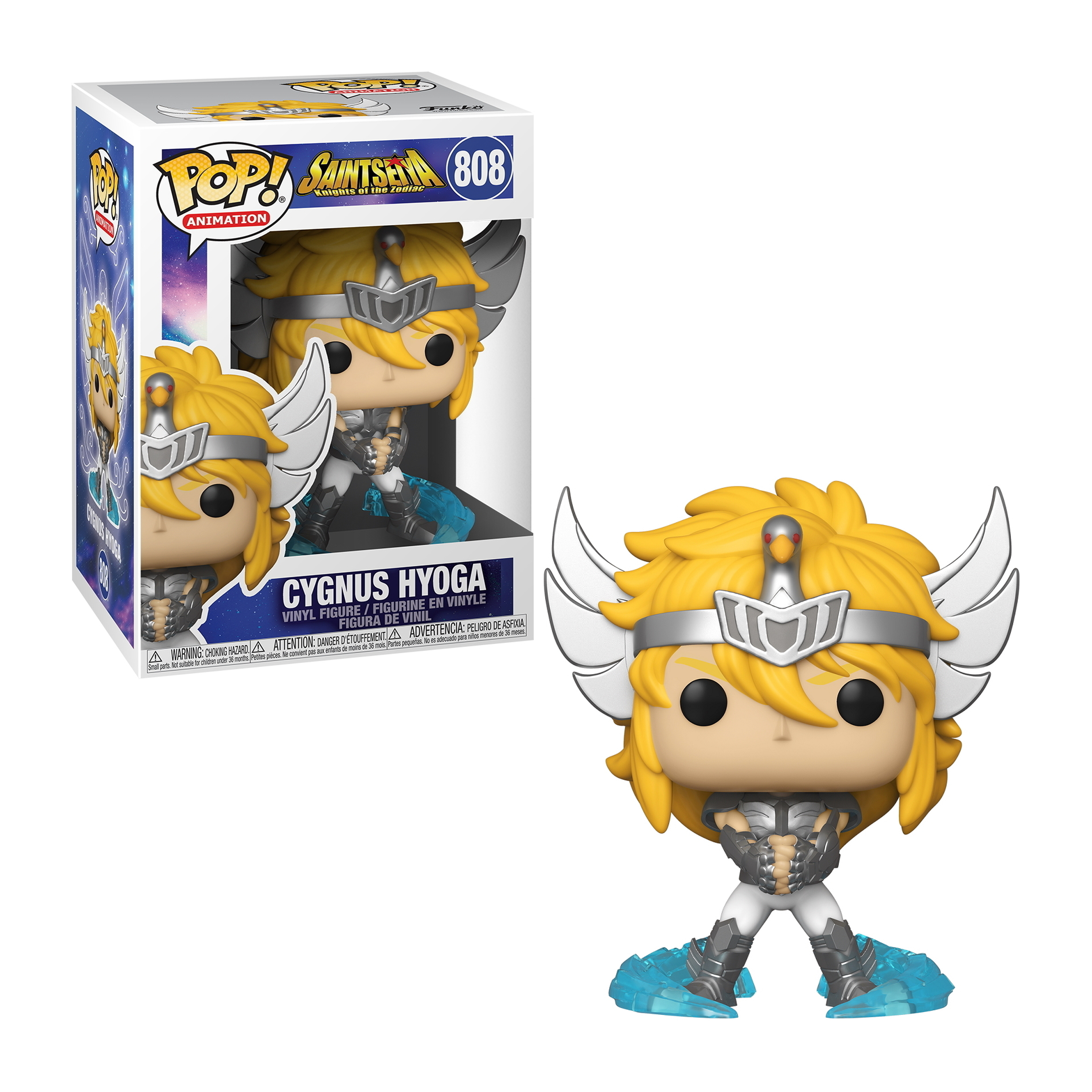 Figura Funko Pop de Cygnus Hyoga de Saint Seiya, con armadura plateada y alas.