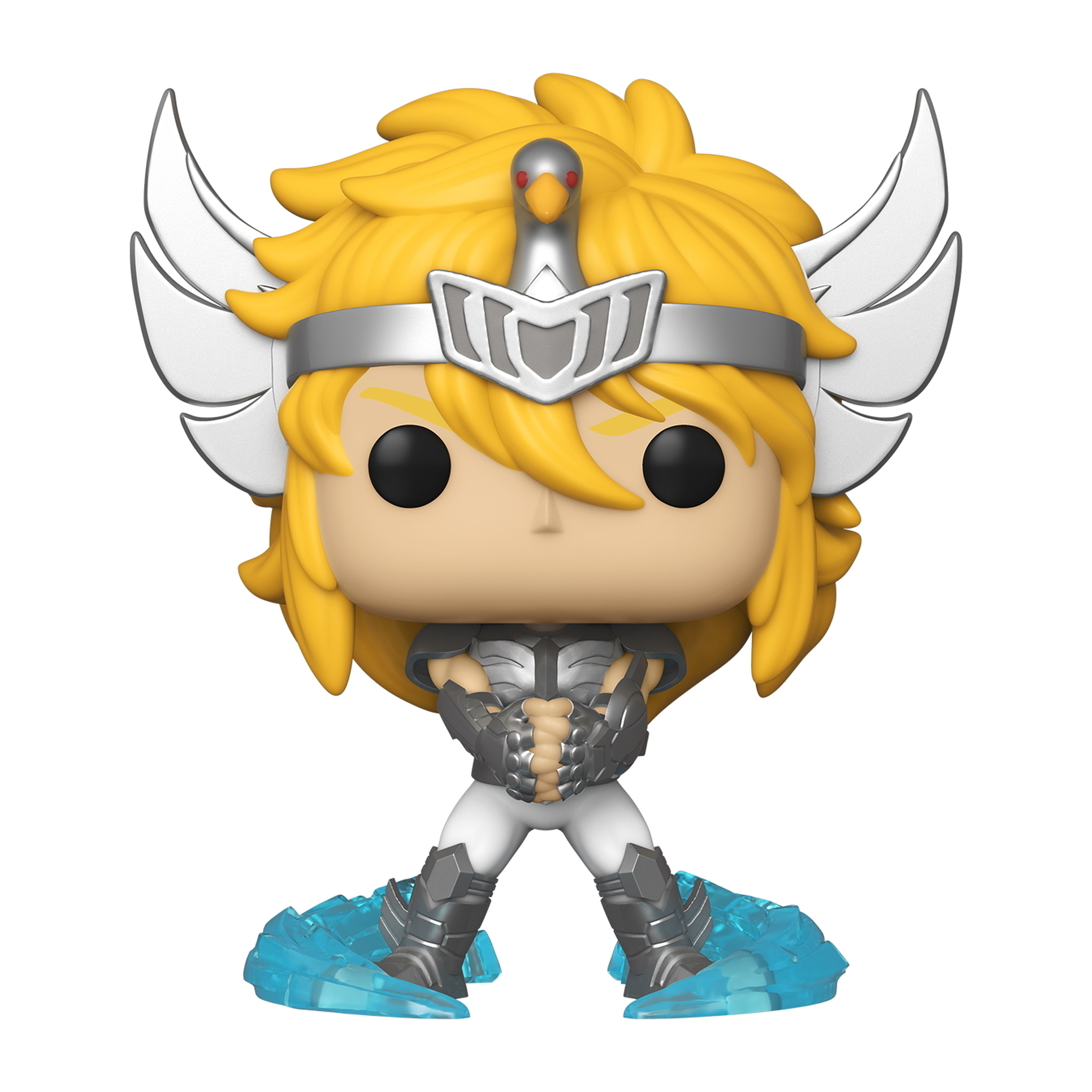 Figura Funko Pop de un personaje de dibujos animados con pelo amarillo, armadura y detalles azules.