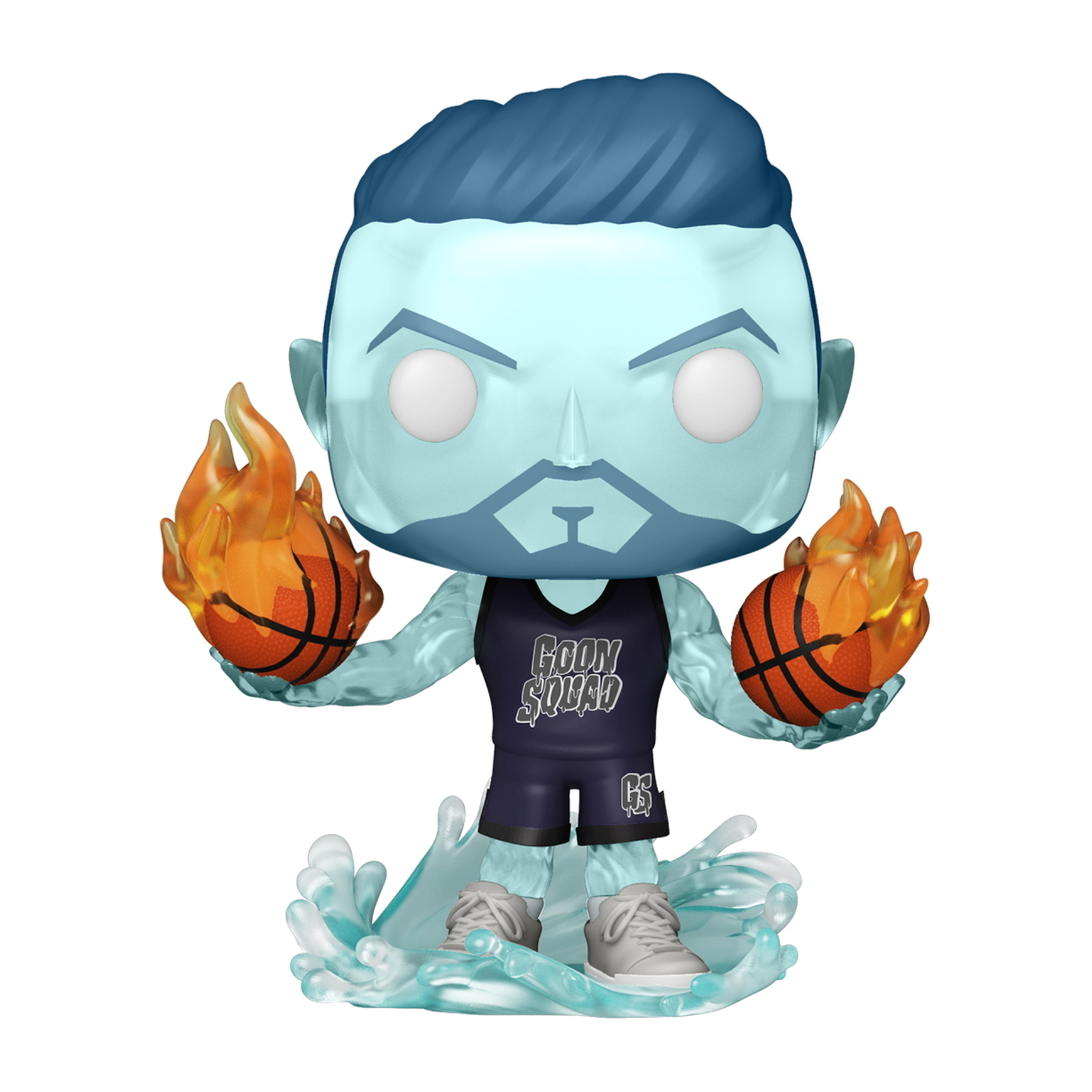 Basketballspieler-Figur aus Wasser, hält brennende Basketbälle. Trägt ein 'GOON SQUAD' Shirt.
