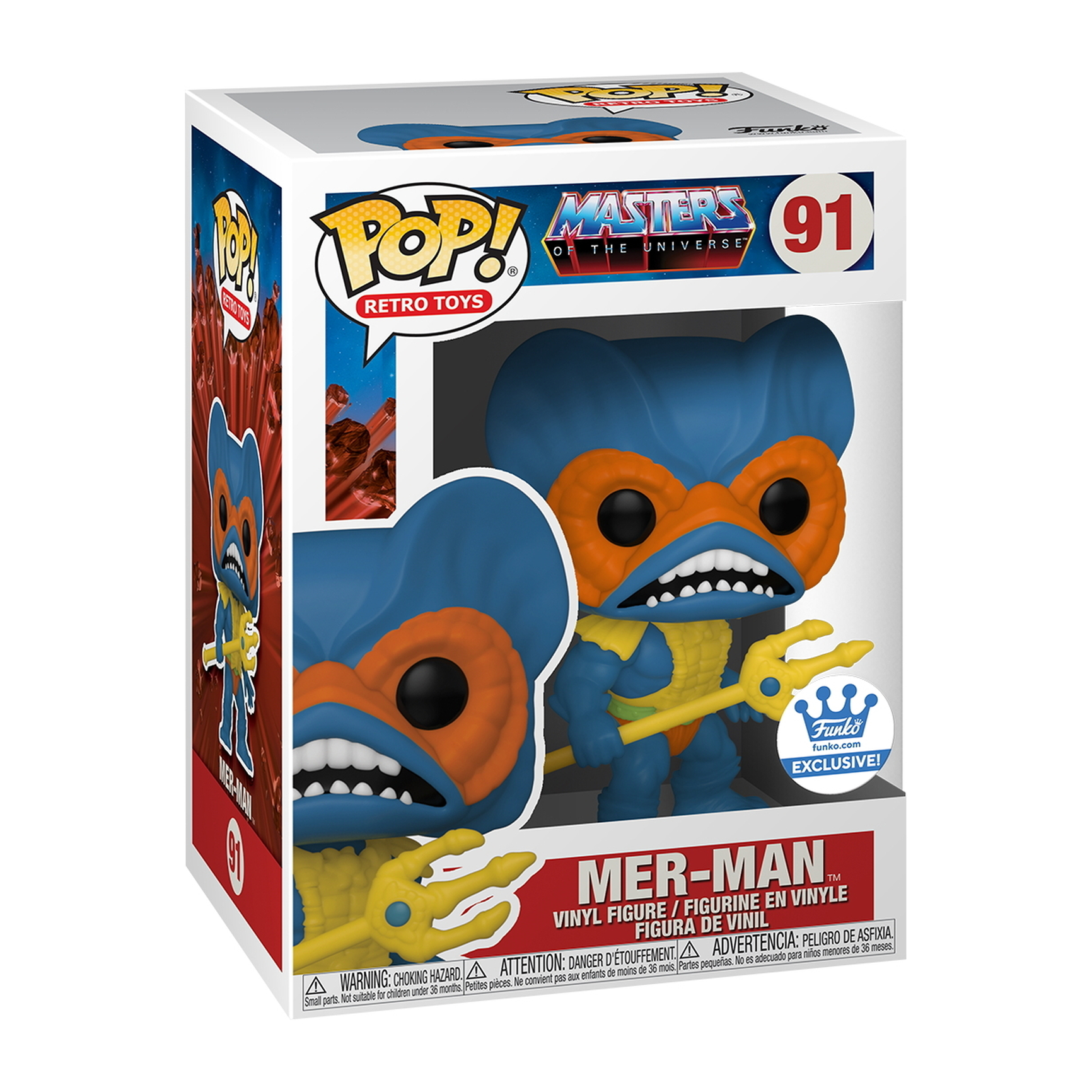 Mer-Man aus Masters of the Universe Funko Pop. Er ist blau mit orangen Details.