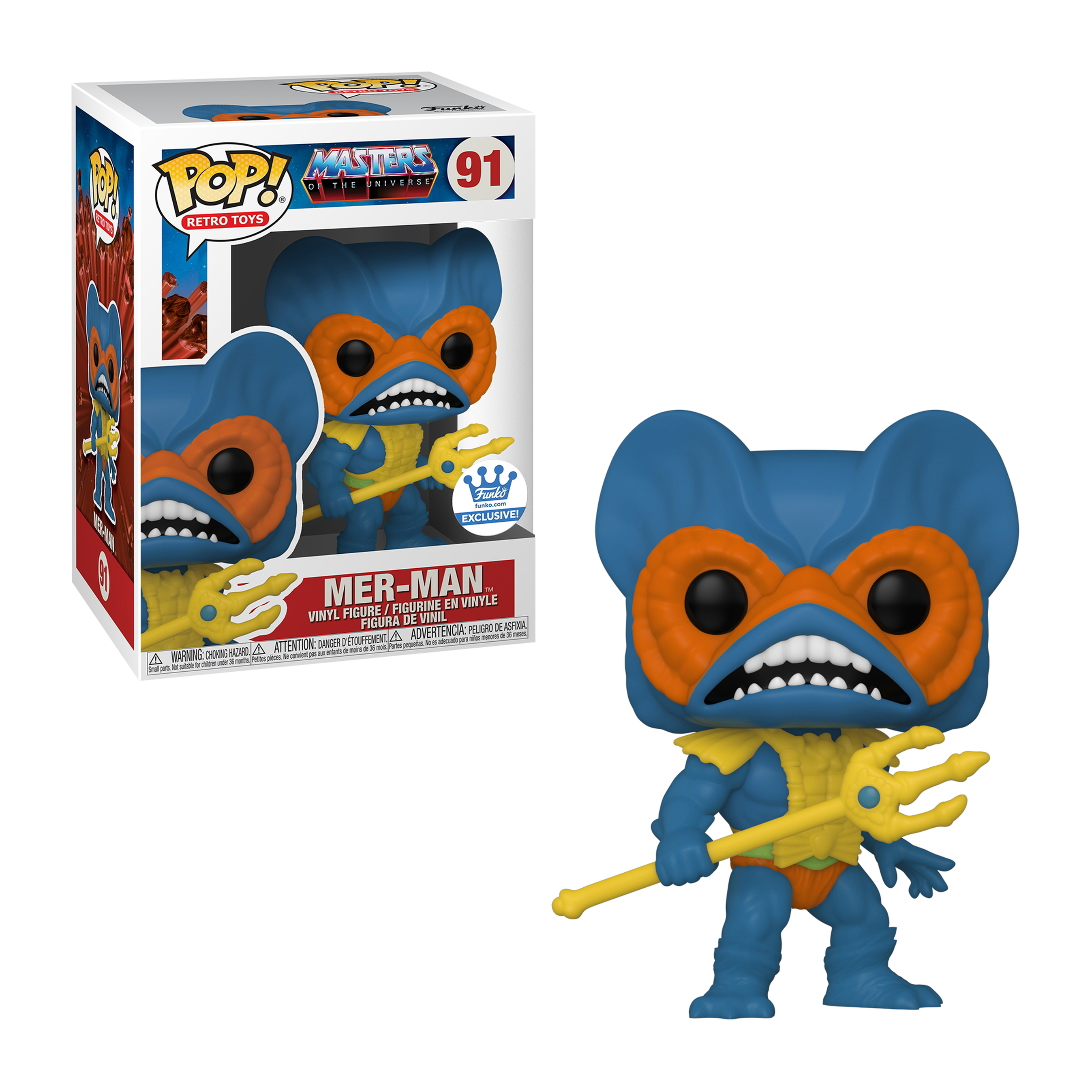 Mer-Man Funko Pop mit oranger Maske und Dreizack, posiert mit Box, die Charakterillustration zeigt.