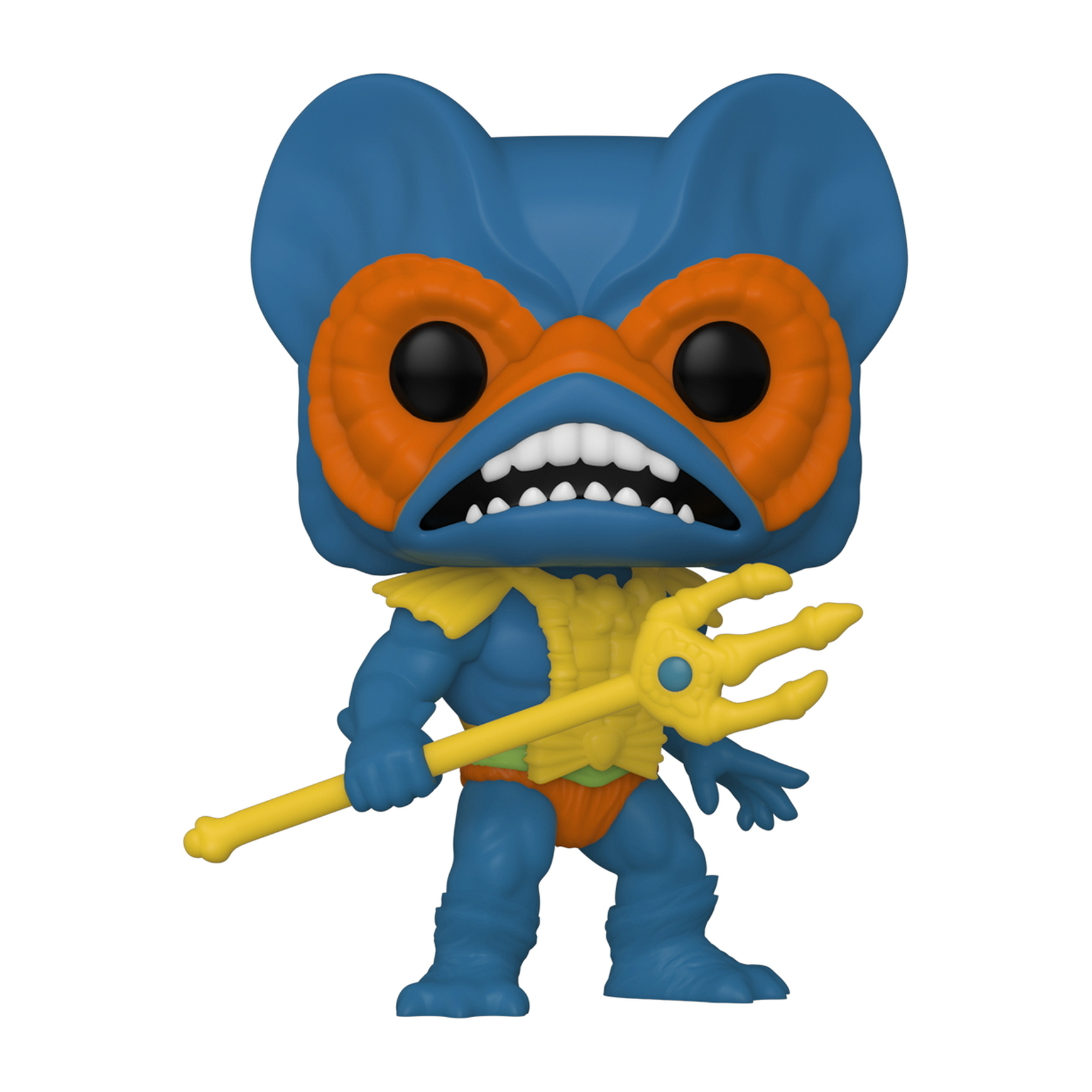 Eine blaue Figur mit einer orangefarbenen Maske und einem Dreizack. Es ist eine Funko Pop-Figur.