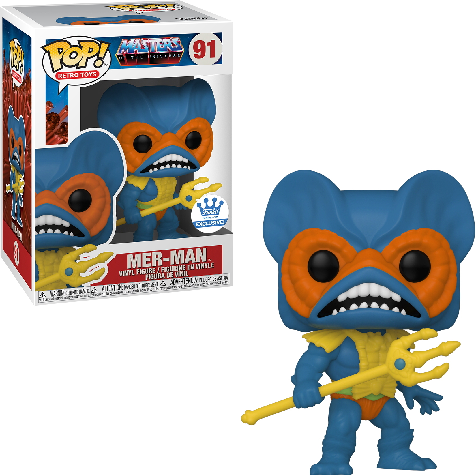 Mer-Man Funko Pop Figur. Blauer Körper, orange Maske, gelber Dreizack. Steht in Kampfpose.