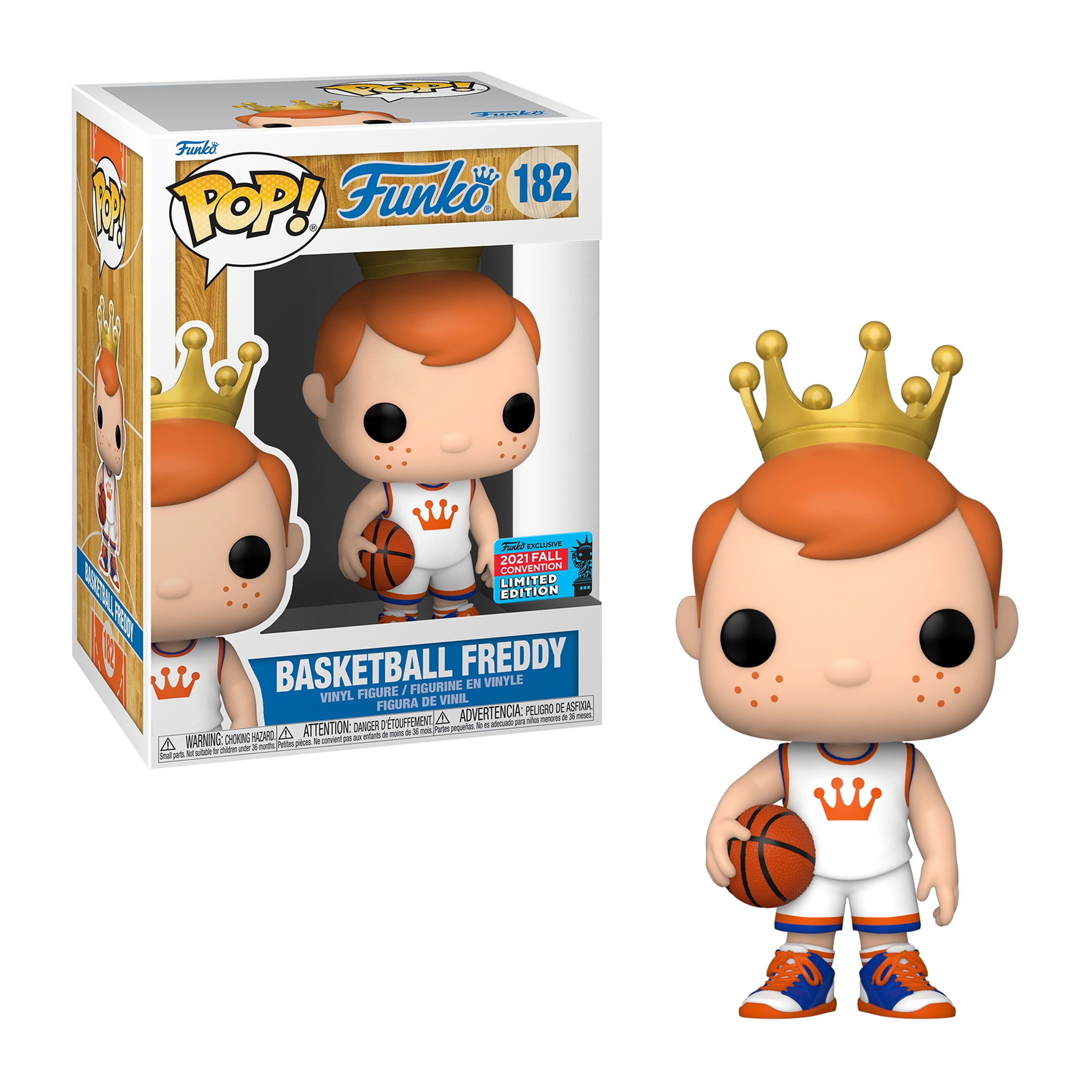 Basketball Freddy Funko Pop. Orange Haare mit Krone, hält Basketball, trägt weißes Trikot mit orangefarbenem Logo.