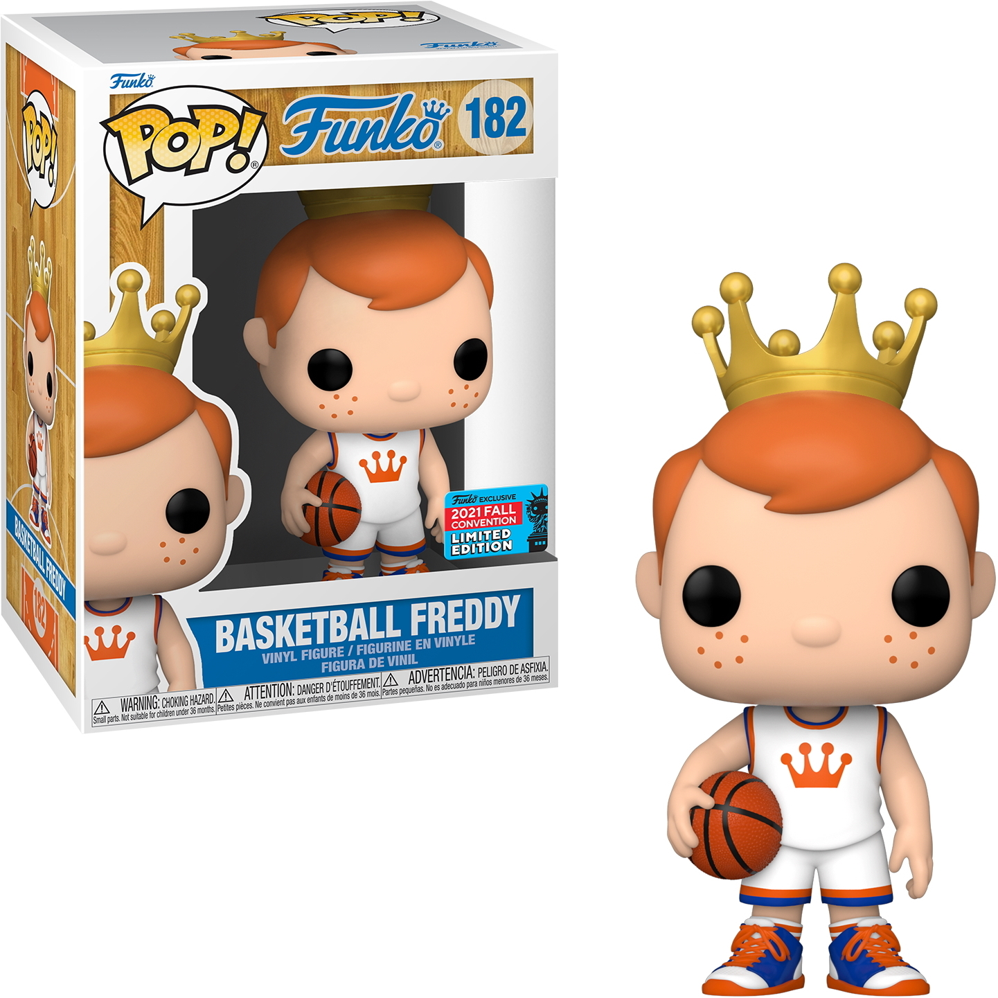 Eine Funko Pop Figur von Basketball Freddy mit Krone, hält einen Basketball.