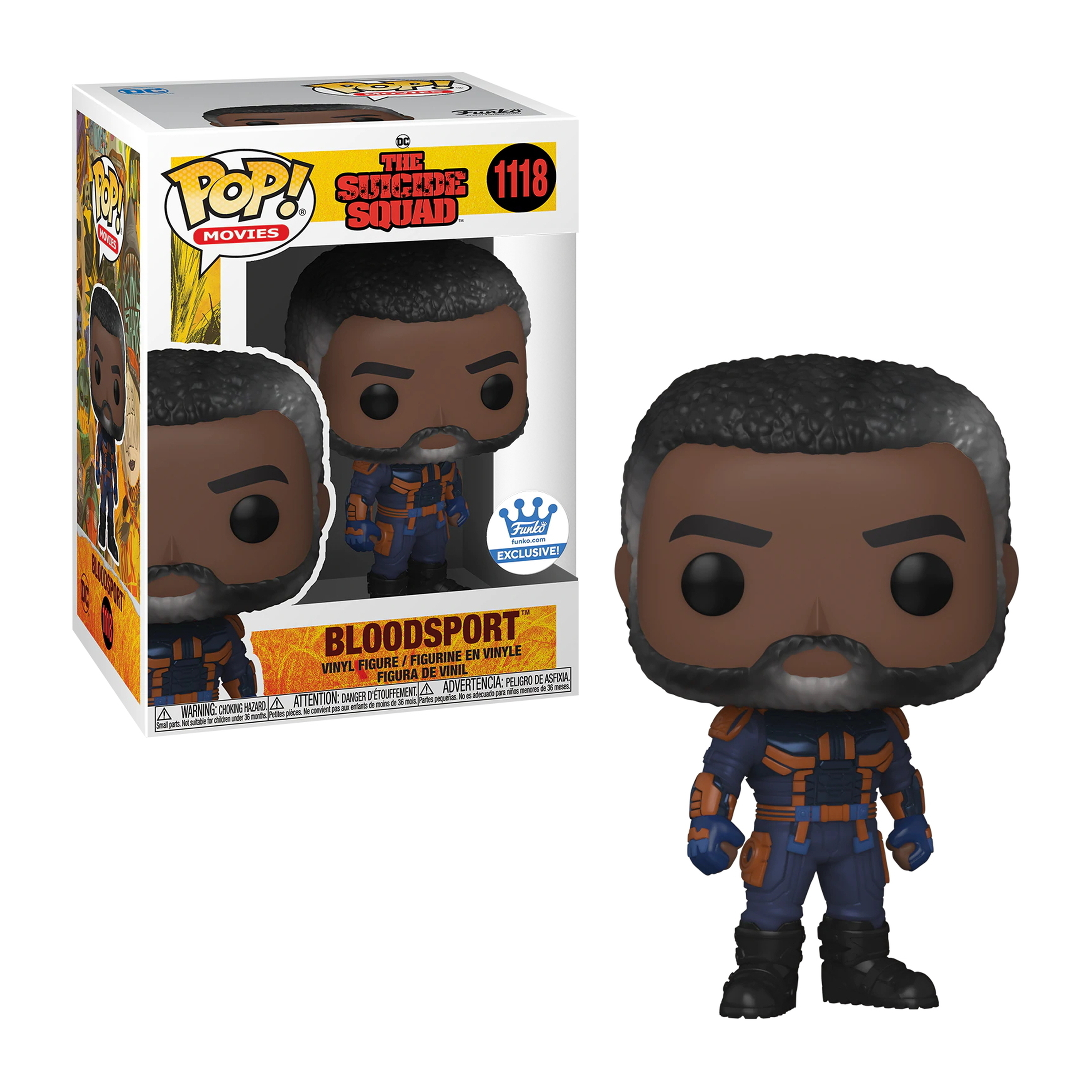 Bloodsport Funko Pop Figur mit Box. Die Figur trägt einen blau-orangenen Anzug. Auf der Box ist die Figur abgebildet.