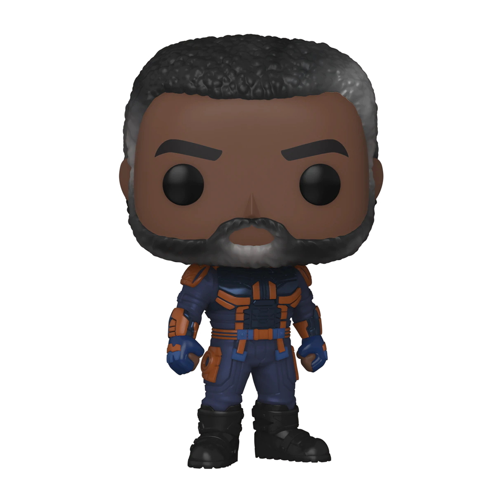 Eine Funko Pop Figur von Bloodsport, einem schwarzen Mann mit Glatze und grauem Bart, in einem blau-orangenen Anzug.