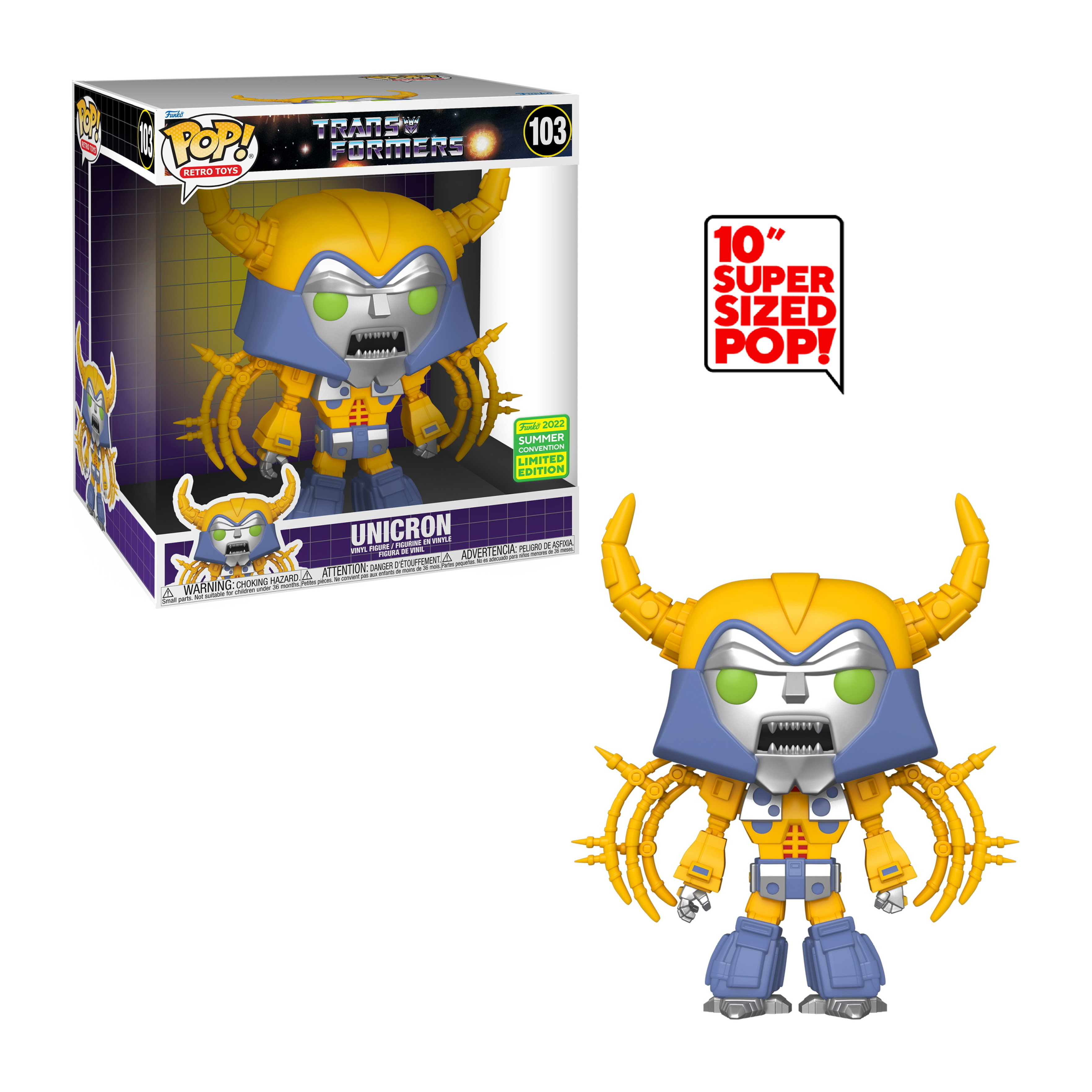 Unicron Transformers Funko Pop Figur, ein gelb-blauer Roboter mit Hörnern.