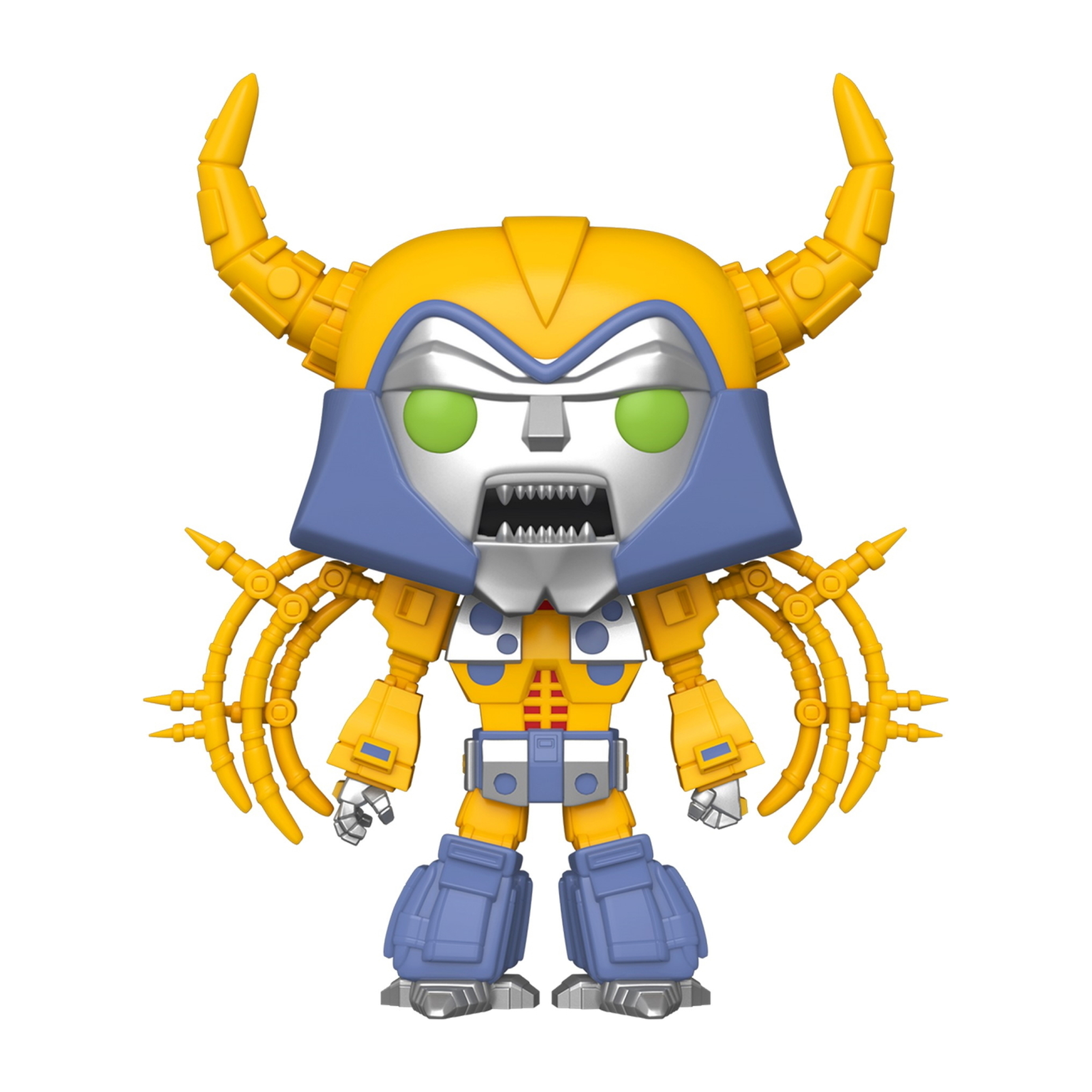 Transformers Roboterfigur, gelb und blau, mit Hörnern und bedrohlichem Gesicht.