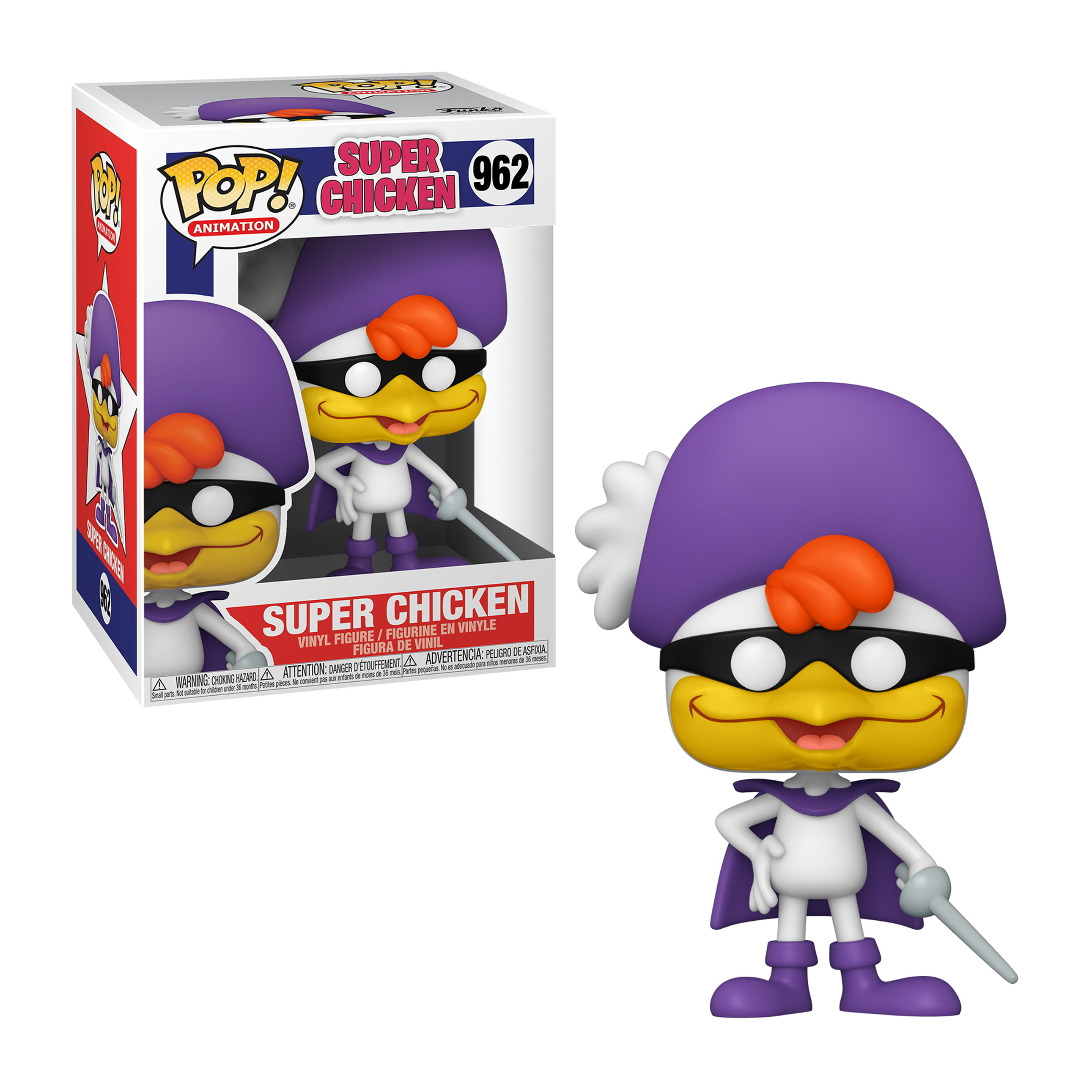 Super Chicken-Figur, trägt einen lila Hut und Umhang, hält ein Schwert und Box-Art.