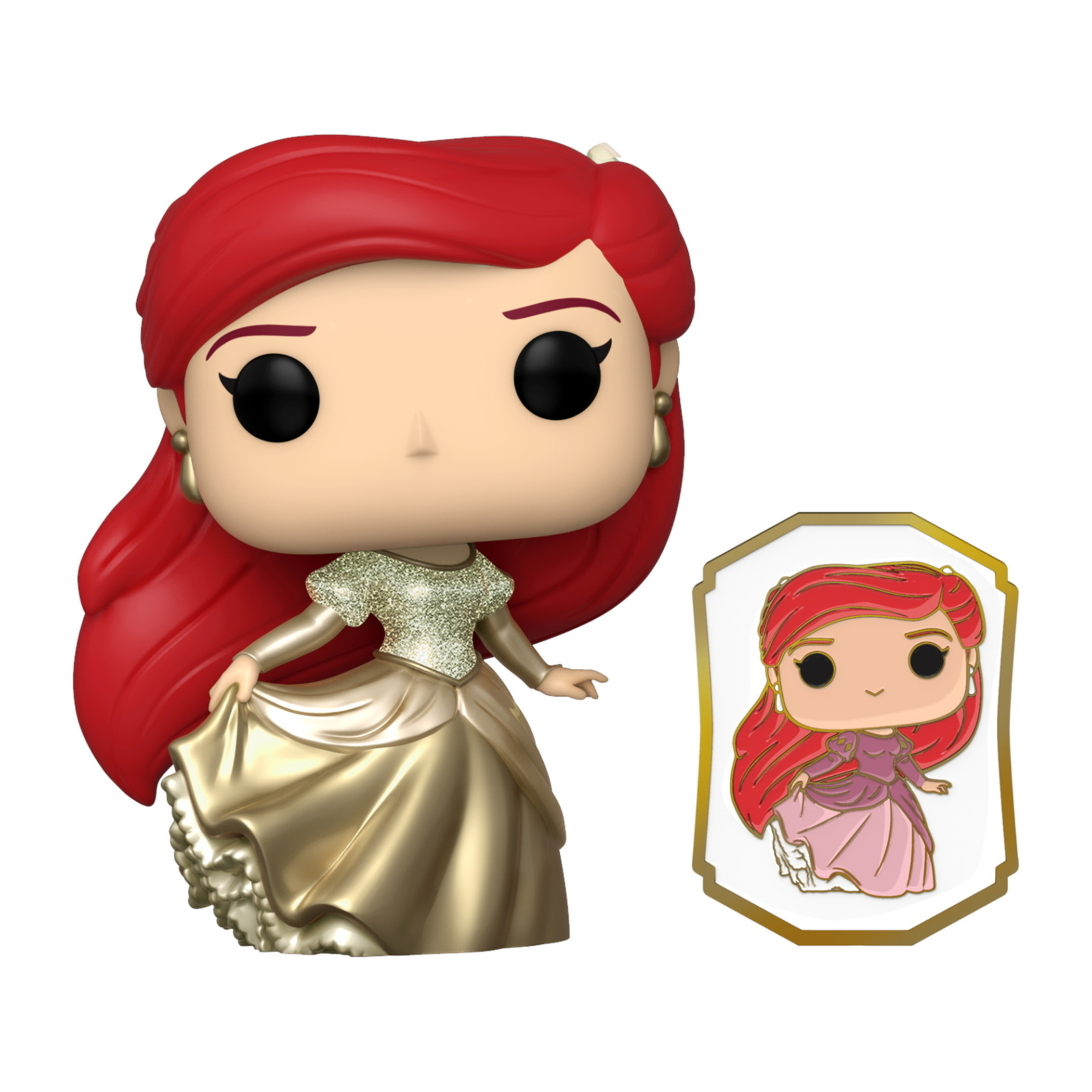 Ariel Funko Pop Figur in einem goldenen Kleid, mit einem Pin von ihr in einem rosa Kleid.