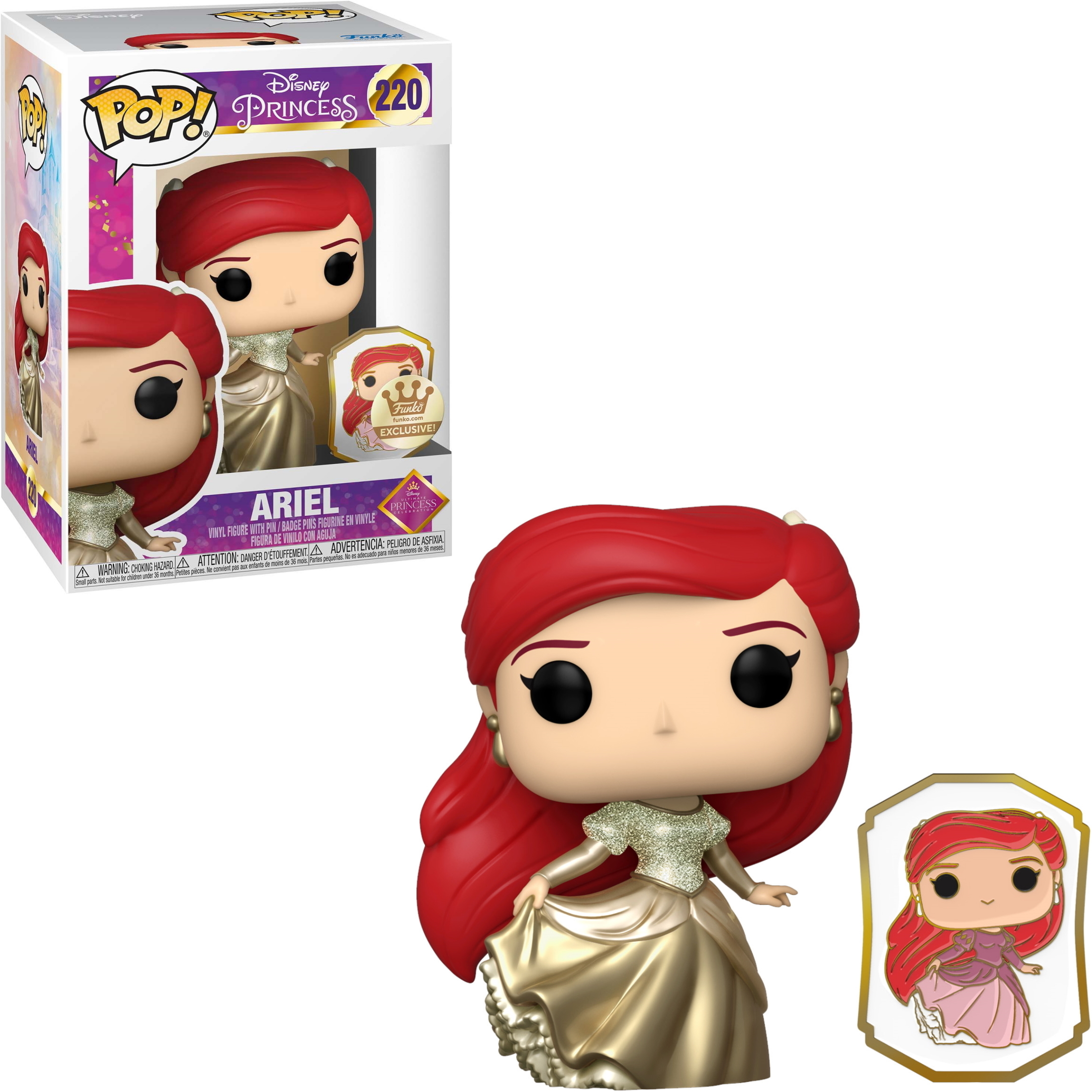 Ariel Pop-Figur in Box, rotes Haar, goldenes Kleid. Außerdem ein kleiner Ariel-Pin.