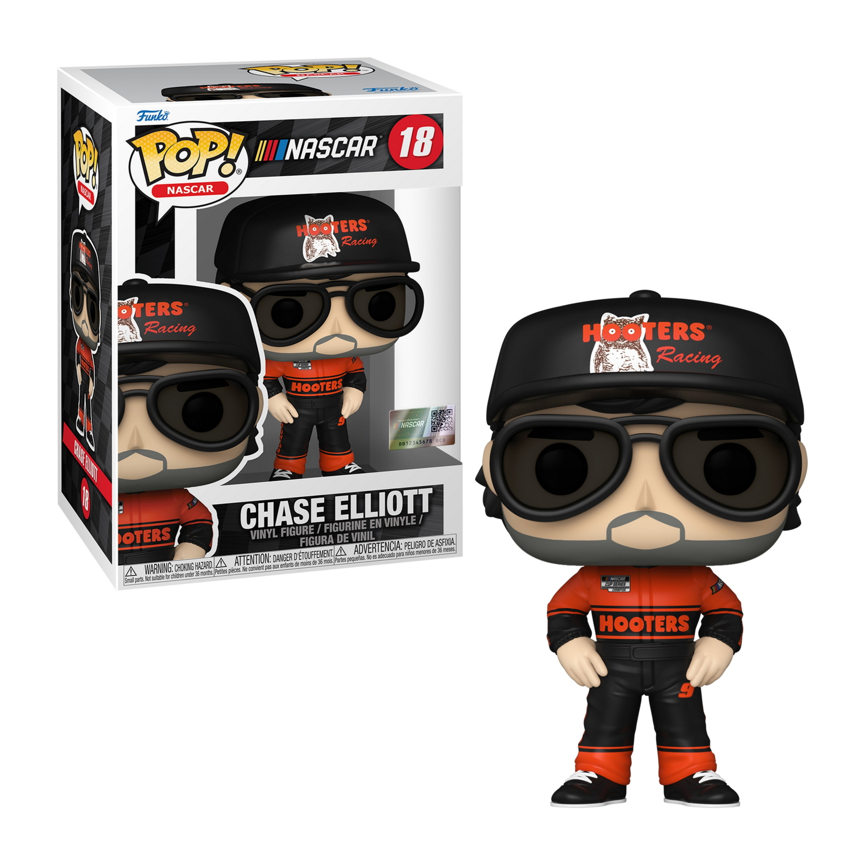Chase Elliott NASCAR Funko POP. Figur trägt Hooters-Uniform, Hut und Brille.