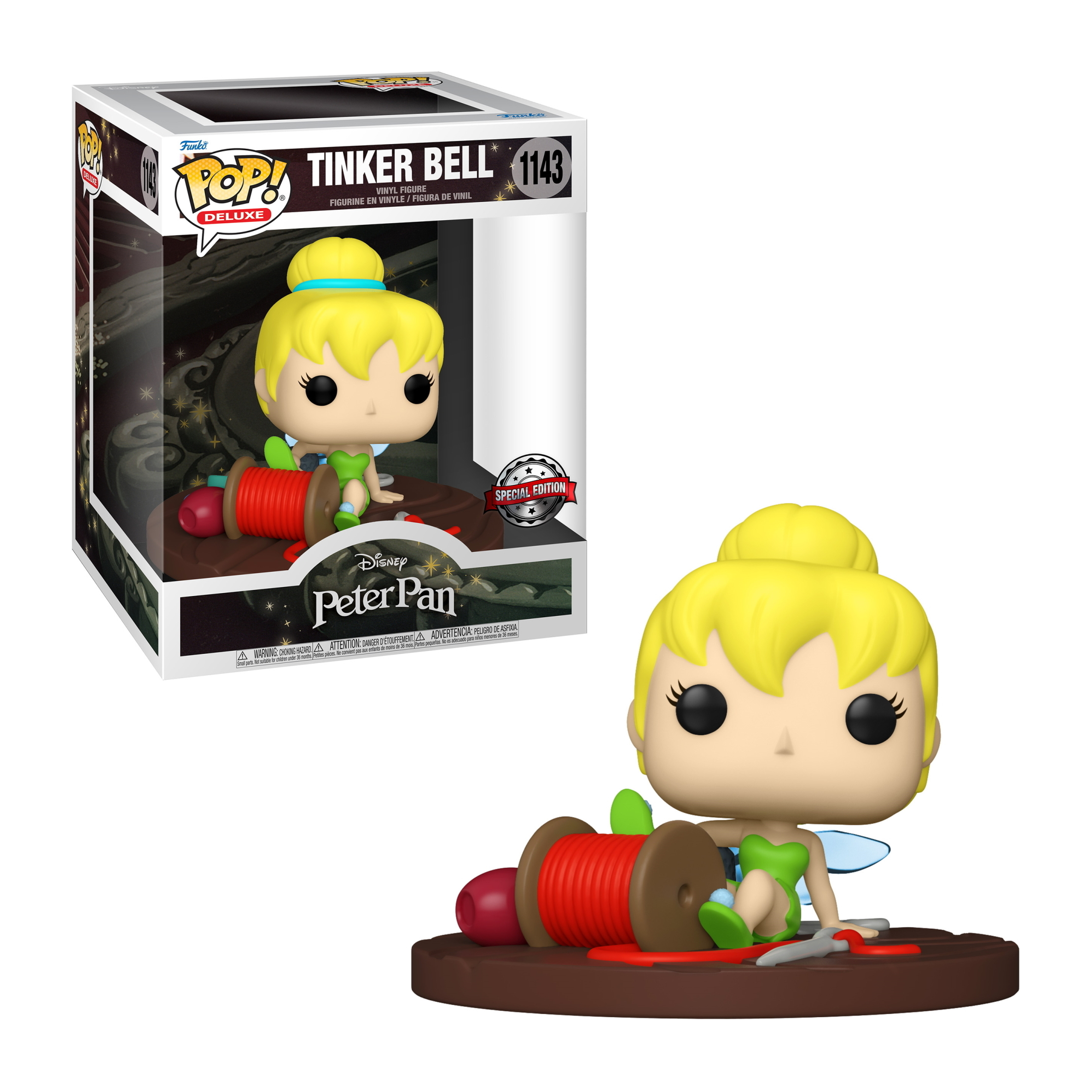 Tinker Bell Funko Pop Figur, sitzt auf einer Garnrolle, mit speziellem Editions-Sockel.