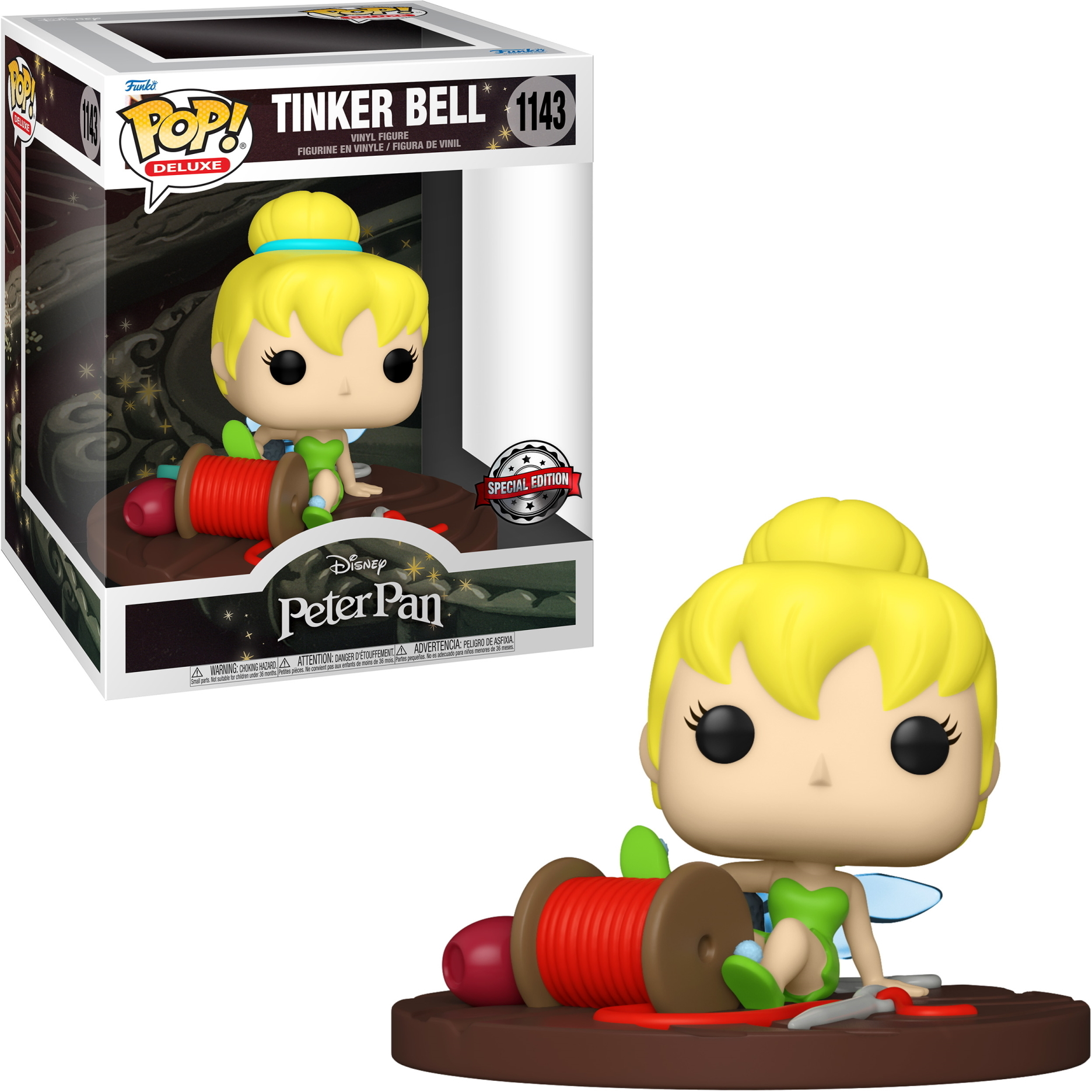 Tinker Bell Funko Pop Figur in Box und stehend. Sie steht auf einem braunen Ständer mit einer roten Spule.