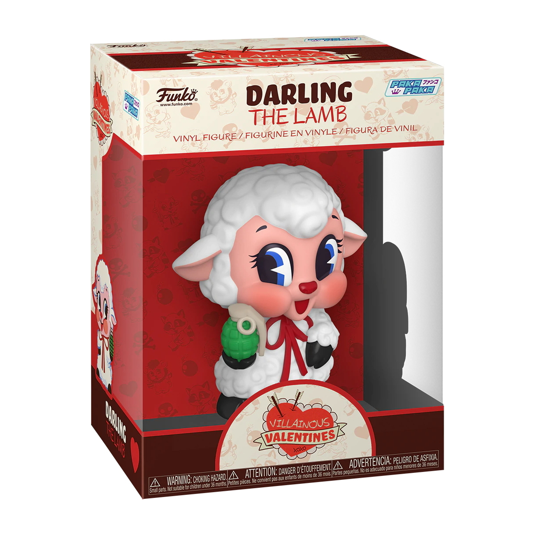 Figurka Funko Pop Darling The Lamb w pudełku. Biała owca, trzymająca granat. Motyw czerwono-biały.