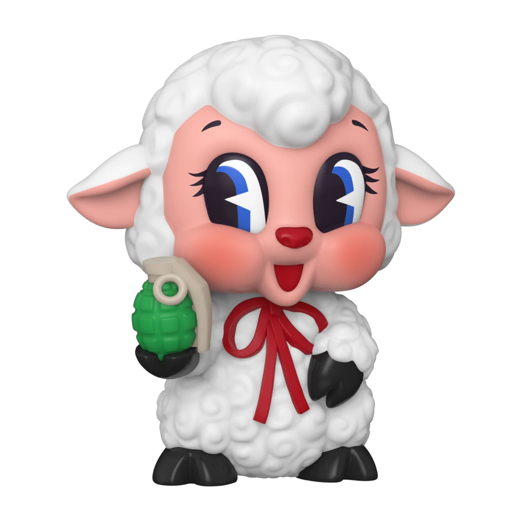 Figurka owcy trzymająca zielony granat, w czerwonej kokardzie. Białe futro i czarne kopyta.