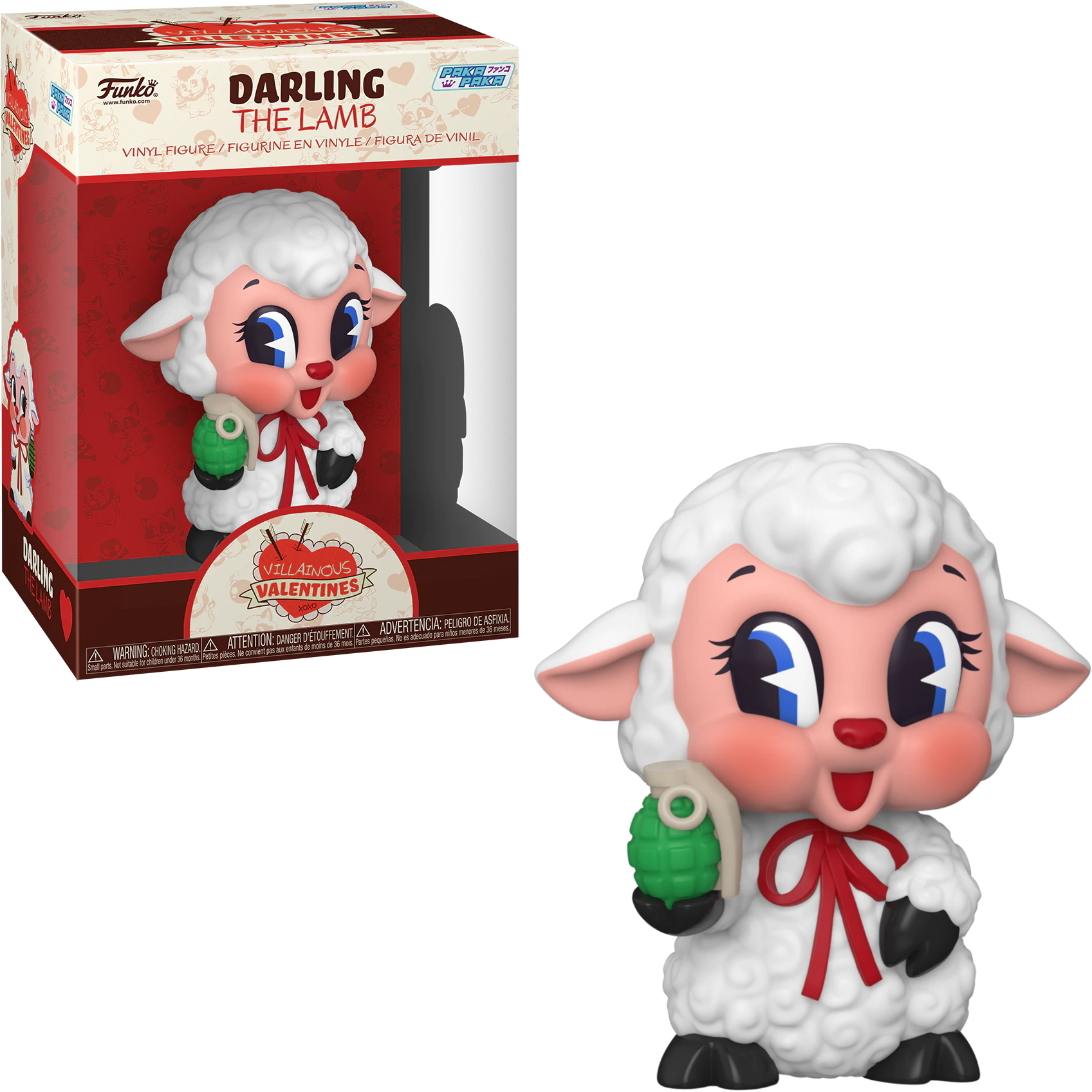 Figurka Darling the Lamb trzymająca zielony granat z czerwoną kokardą. Ma pudełko.