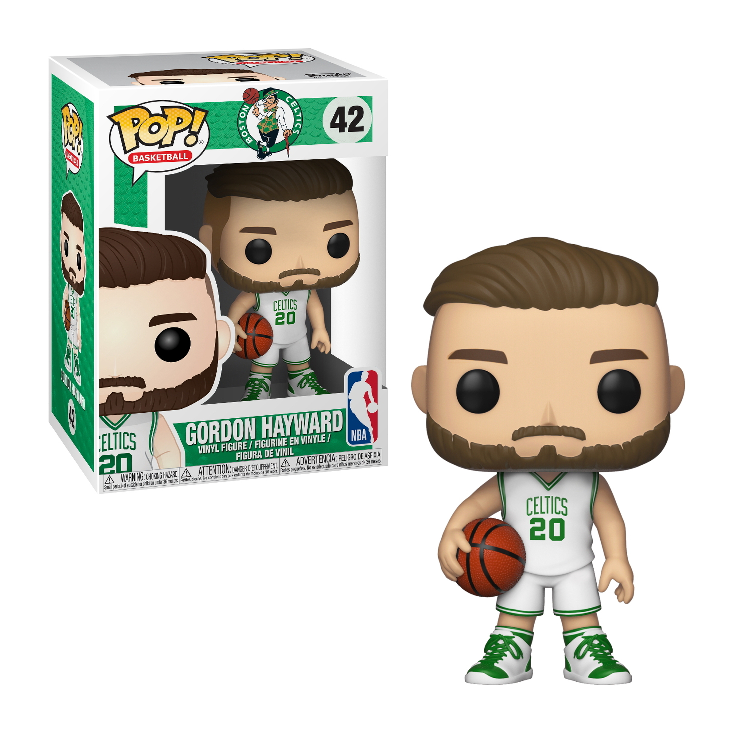 Funko Pop Figur von Gordon Hayward mit Basketball und Celtics-Trikot. Box im Hintergrund.