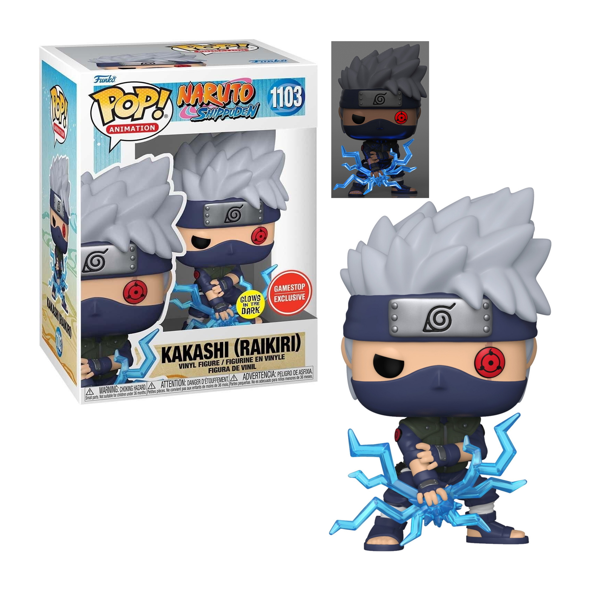 Kakashi Funko Pop Figur mit Box, Bild zeigt Leuchteffekt im Dunkeln.