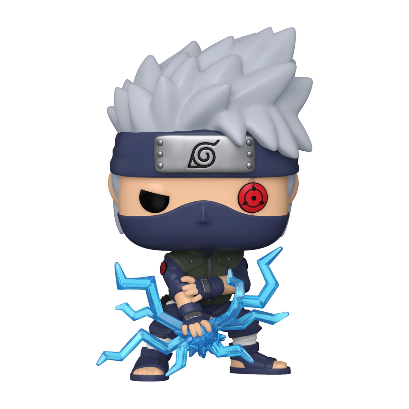 Funko Pop Figur einer Naruto-Figur mit stacheligen weißen Haaren und einem blauen Stirnband.