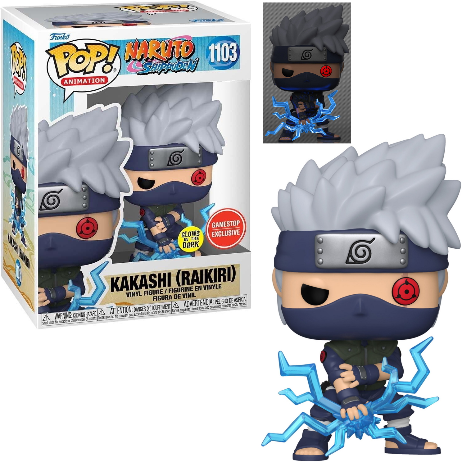 Kakashi Funko Pop Figur mit blauem Blitz. Er trägt ein Stirnband und eine Maske. Box im Hintergrund.