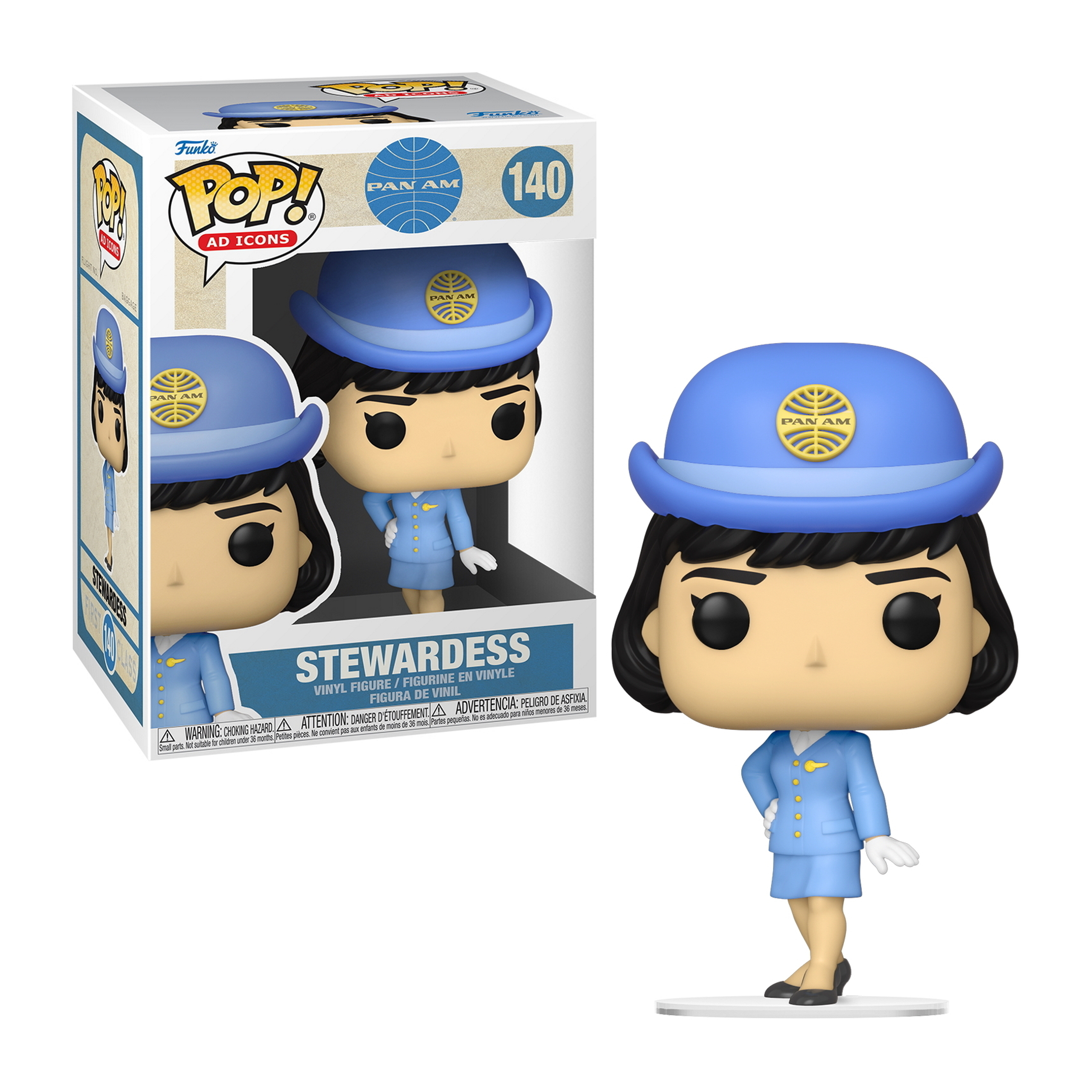 Stewardess-Figur in blauer Uniform und Hut. Sie steht mit ihren Händen an den Seiten.