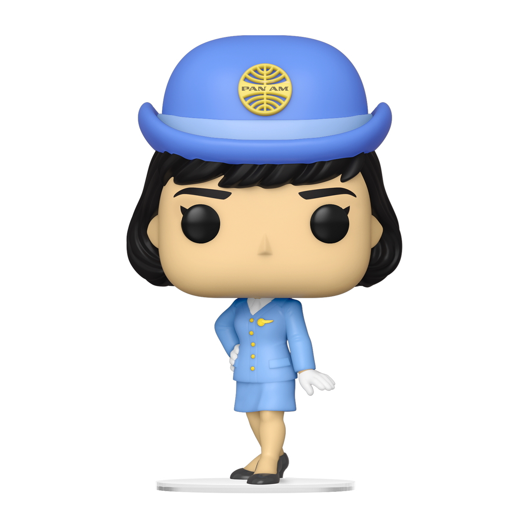 Eine Pan Am Stewardess Funko Pop Figur in blauer Uniform und Hut, mit schwarzen Haaren.