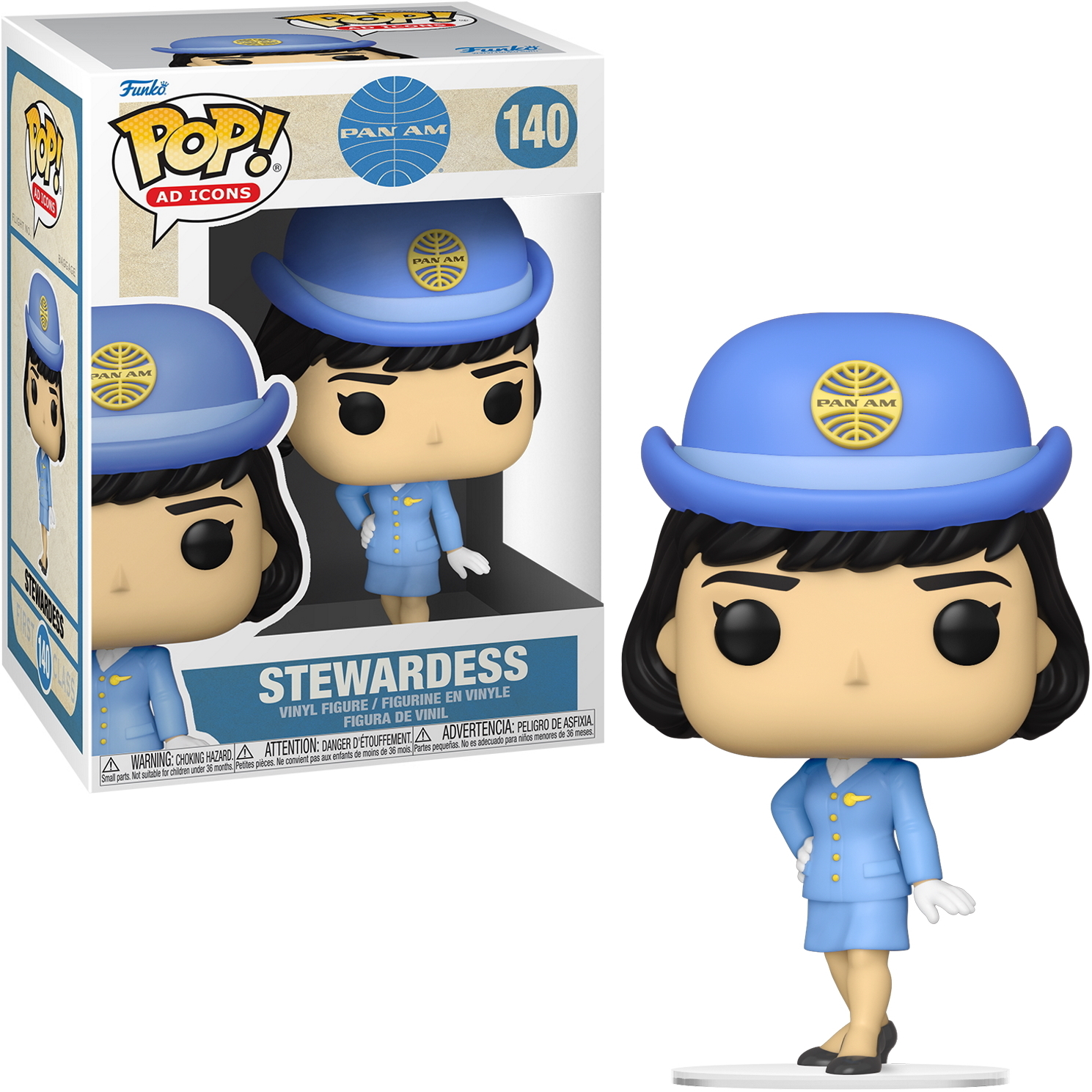 Stewardess Funko Pop Figur. Sie trägt eine blaue Uniform und einen Hut mit dem Pan Am Logo. Weiße Handschuhe.