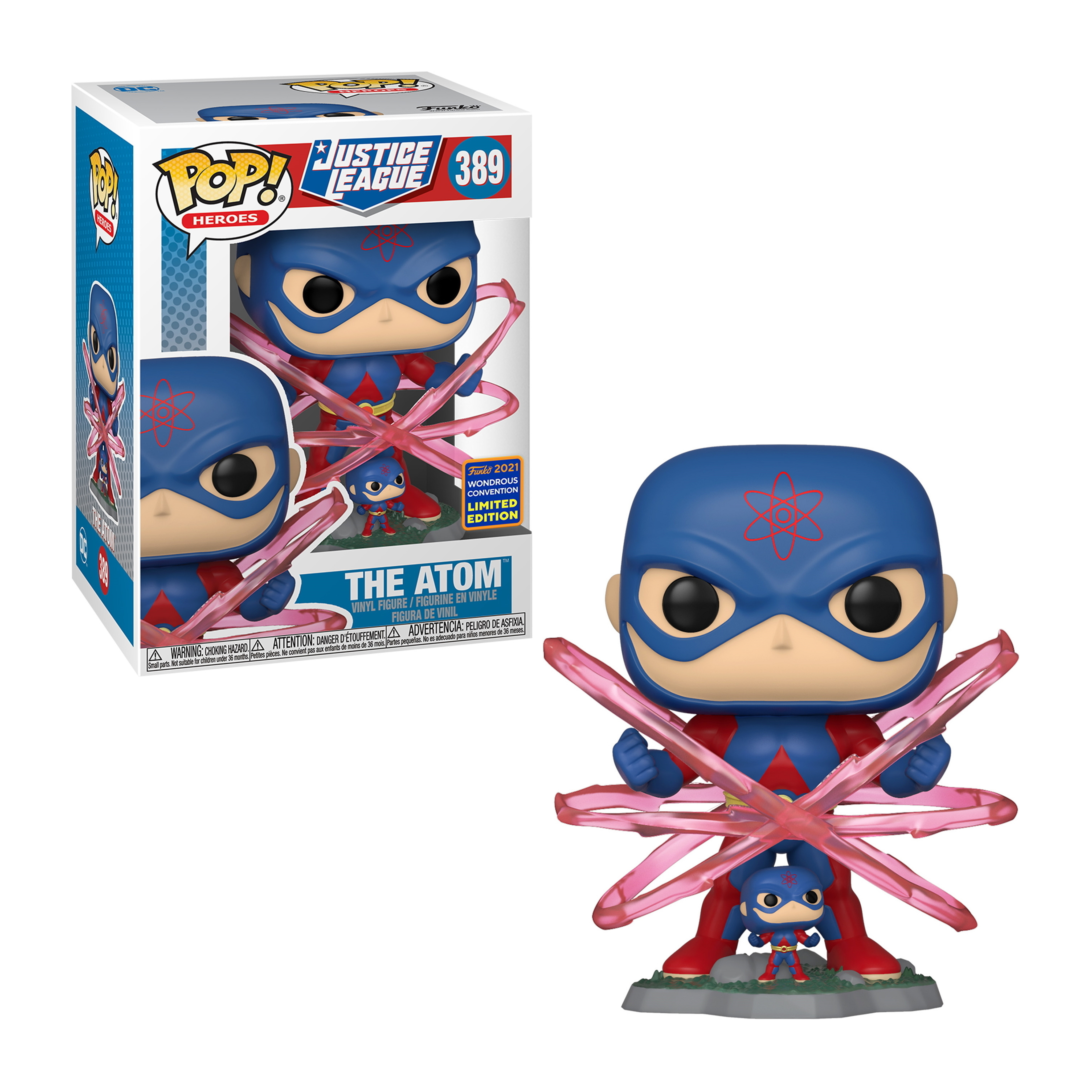 The Atom Funko Pop Figur mit rotem und blauem Outfit, umgeben von Energieringen.
