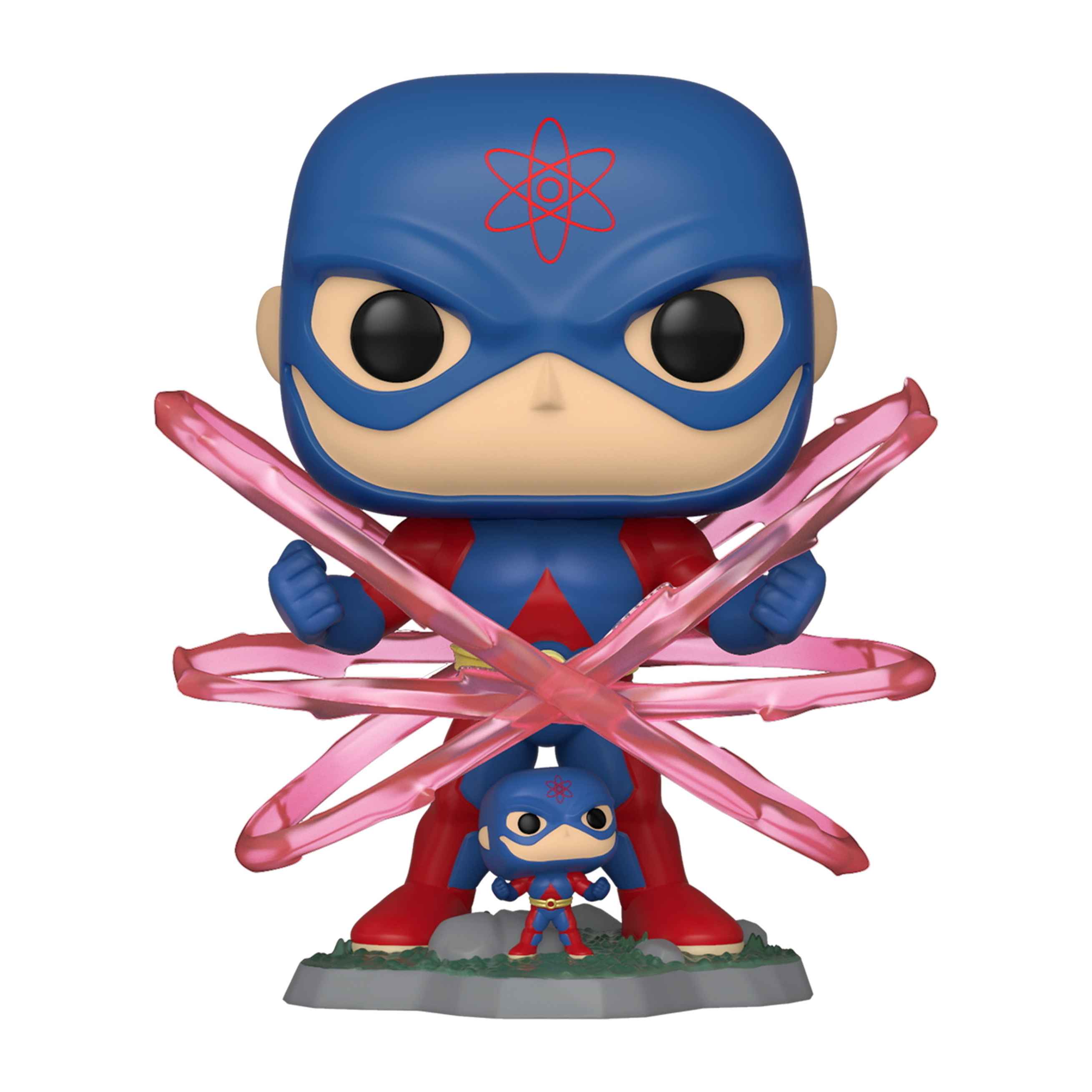 Atom-Figur in blauem und rotem Anzug, hält Energiestrahlen. Eine kleine Atom-Figur befindet sich auf einem Felsen.