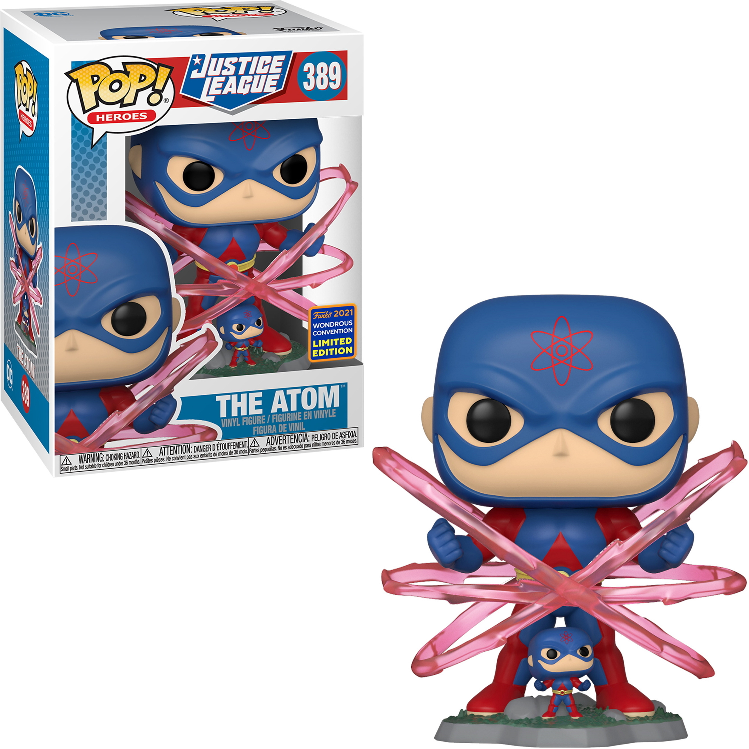 The Atom-Figur mit rosa Energieeffekten und einer kleinen Figur auf einer Basis.