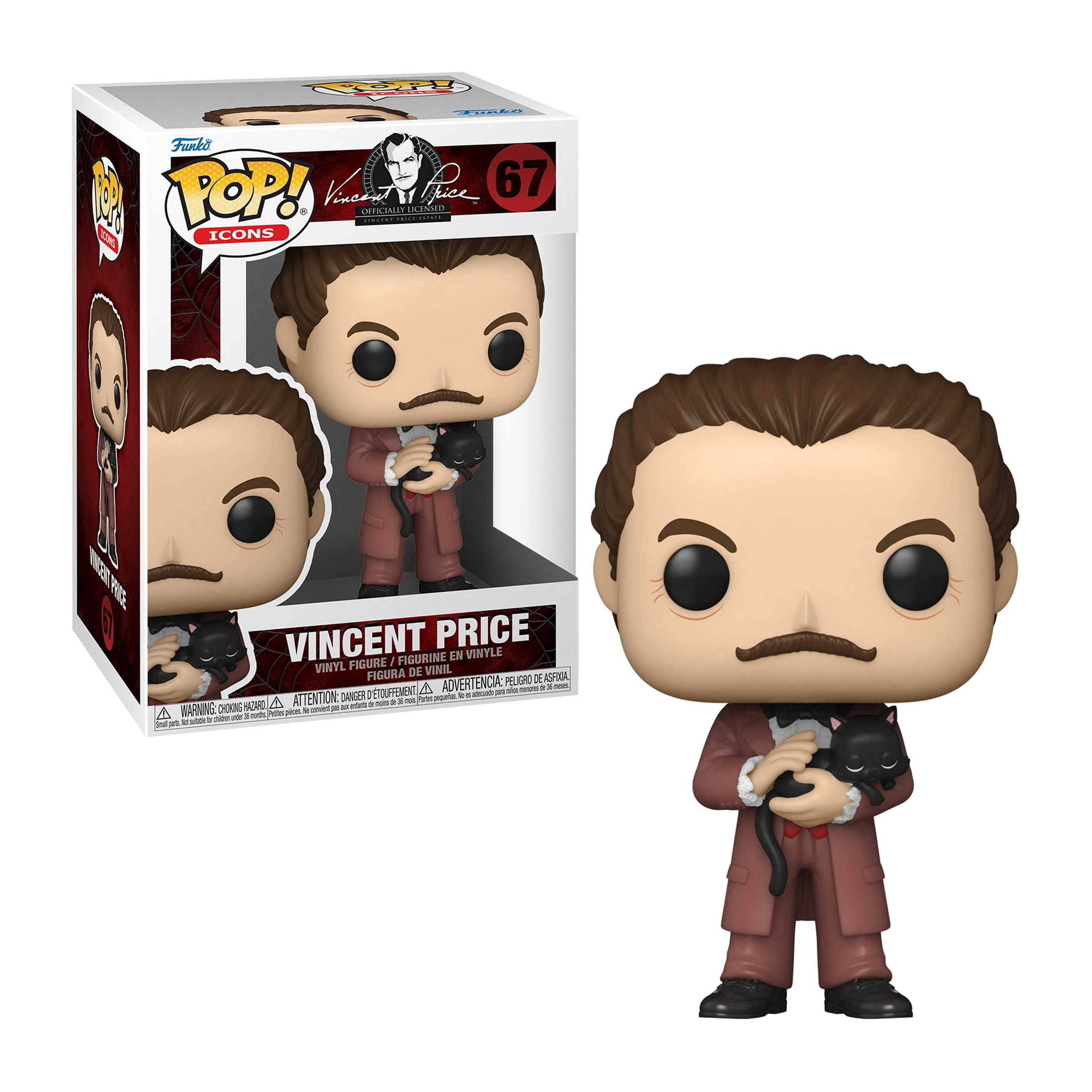 Vincent Price Figur hält schwarze Katze, Anzug tragend, mit Box.