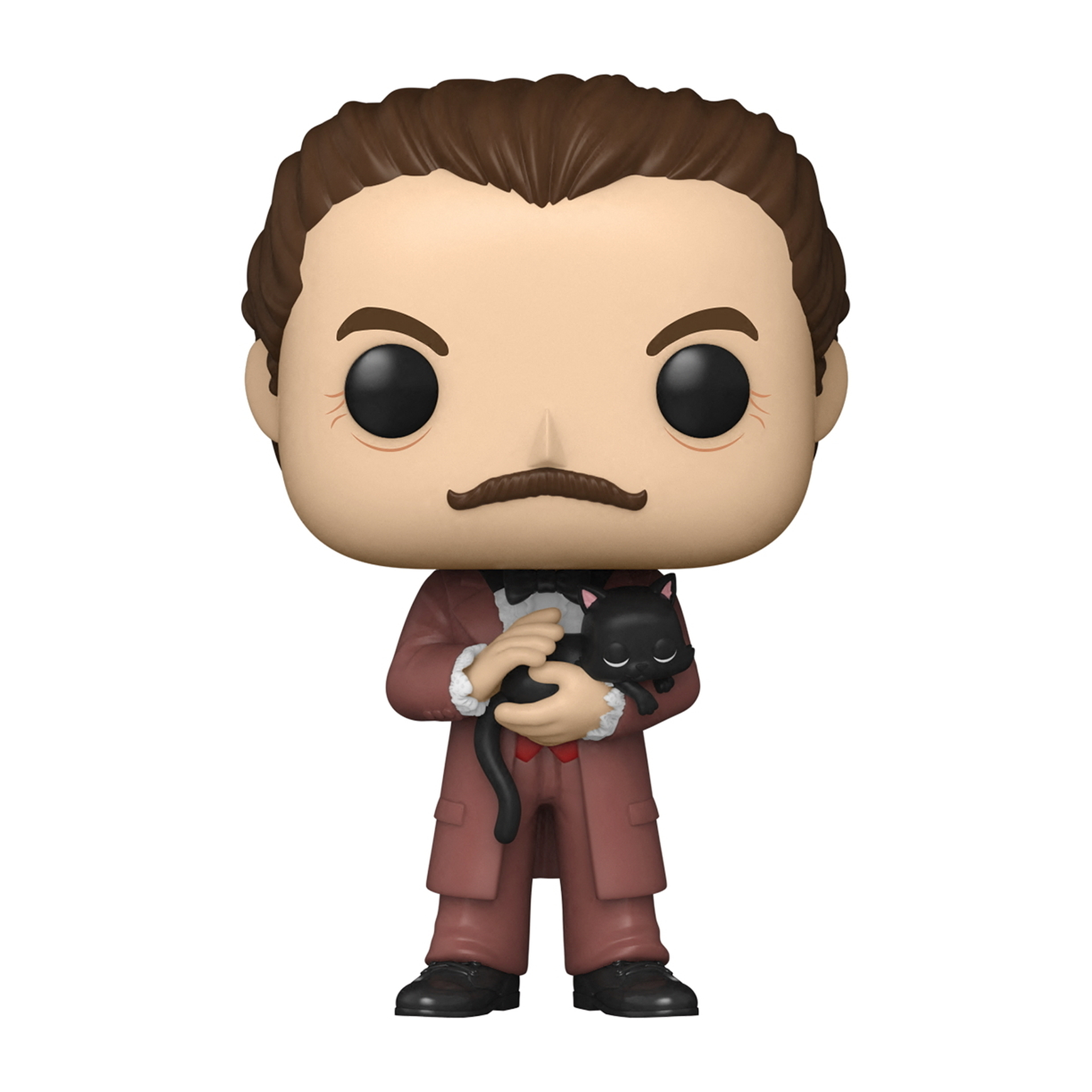 Funko Pop! Figur eines Mannes mit Schnurrbart, der eine schwarze Katze hält, trägt pinken Anzug.