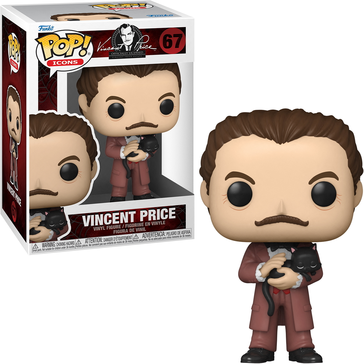 Vincent Price Figur, die eine schwarze Katze hält. Trägt Anzug und Krawatte. Box hinten.