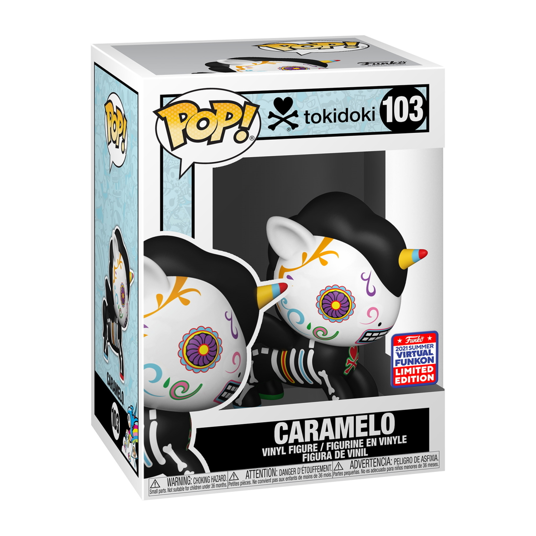 Funko Pop di Caramelo. È un unicorno bianco e nero con dettagli colorati e un teschio sul corpo.
