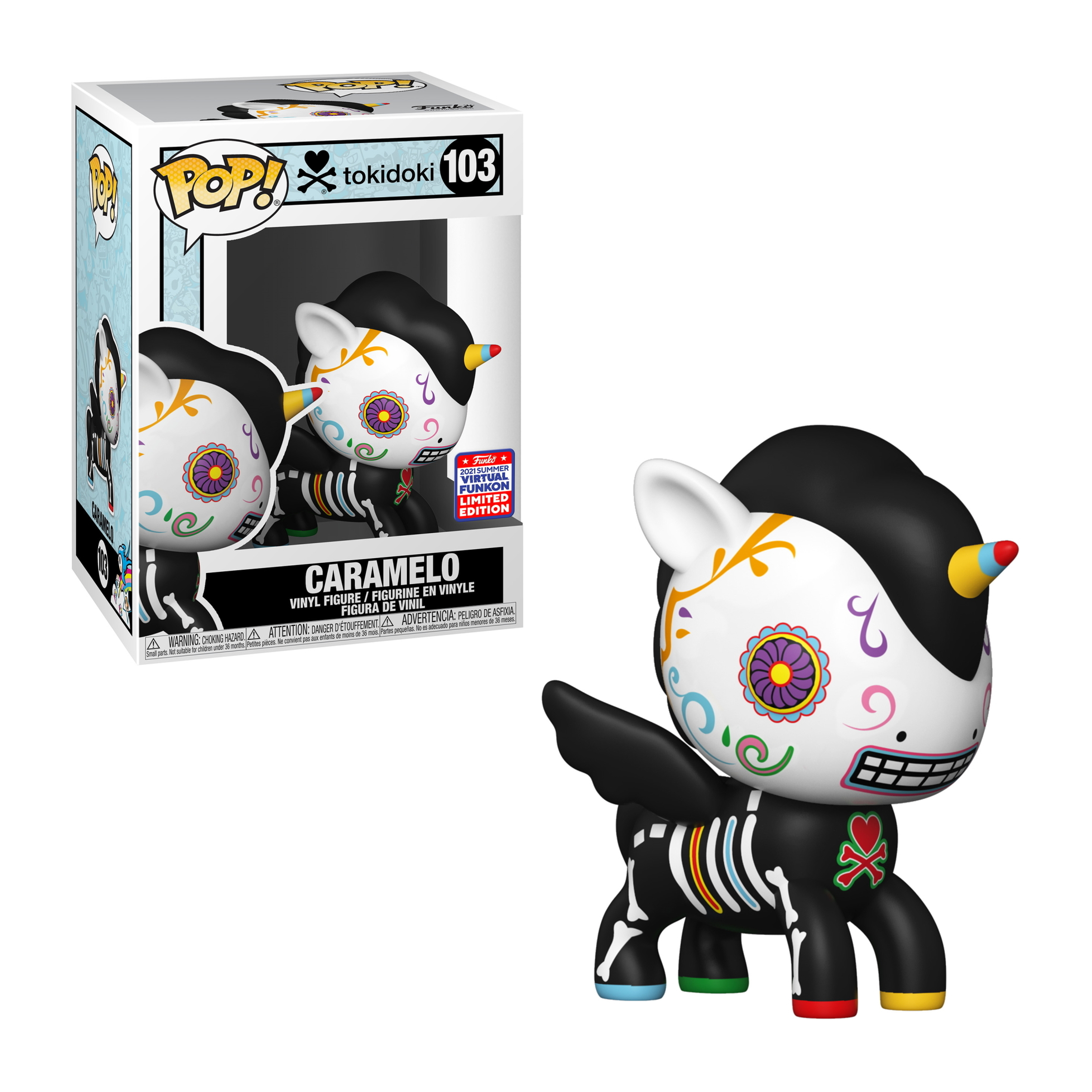 Figura Caramelo Funko Pop. Unicorno nero con volto di teschio, ali e segni di scheletro. Dettagli colorati.