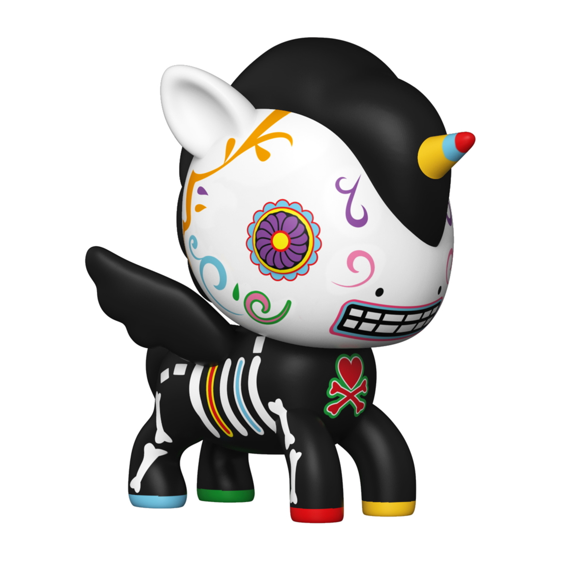 Statua Funko Pop Tokidoki Unicorno colorata. Nero con volto bianco, dettagli scheletrici, ali.