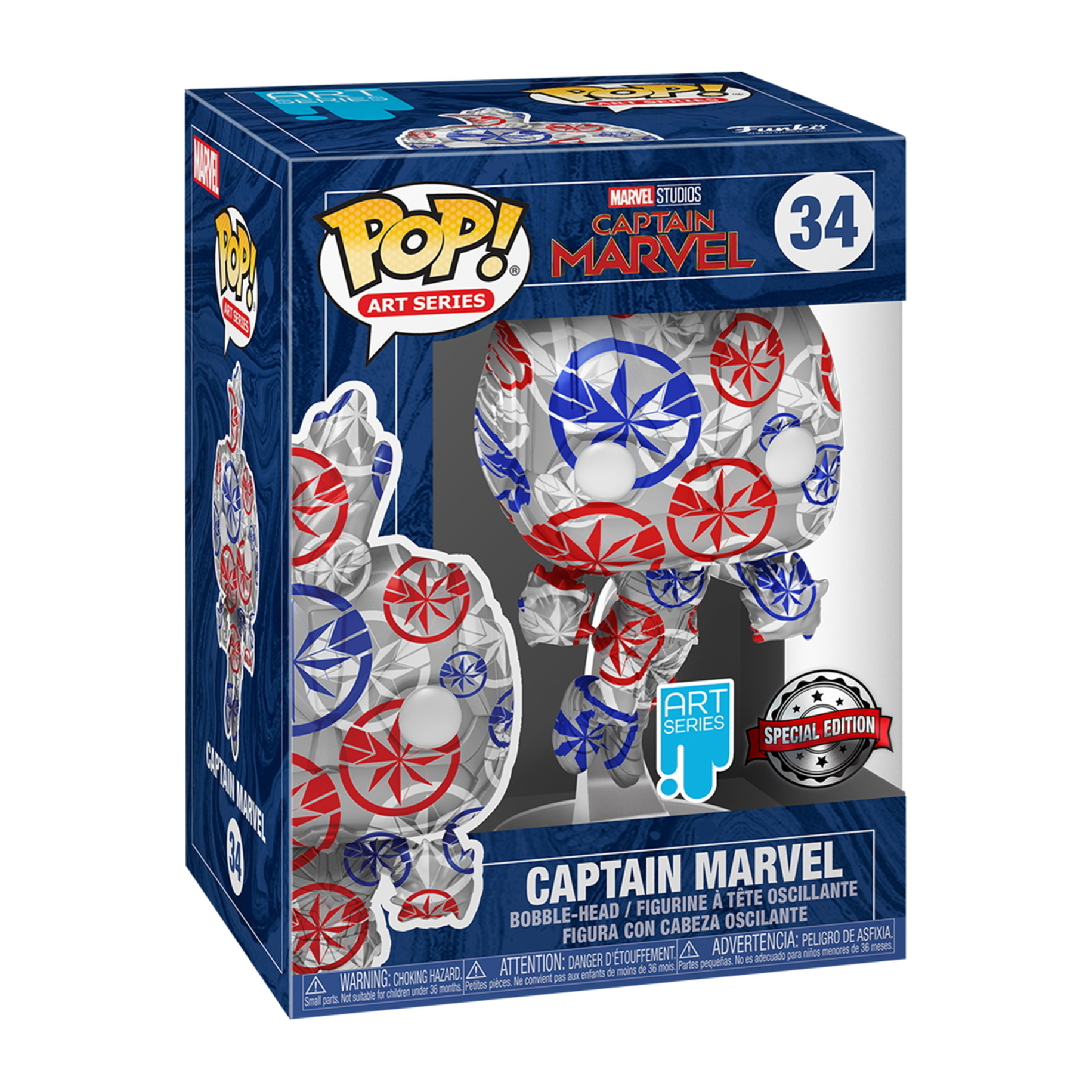 Captain Marvel Pop Figur in einer Box, weiße, rote und blaue Farben, Sternmuster.