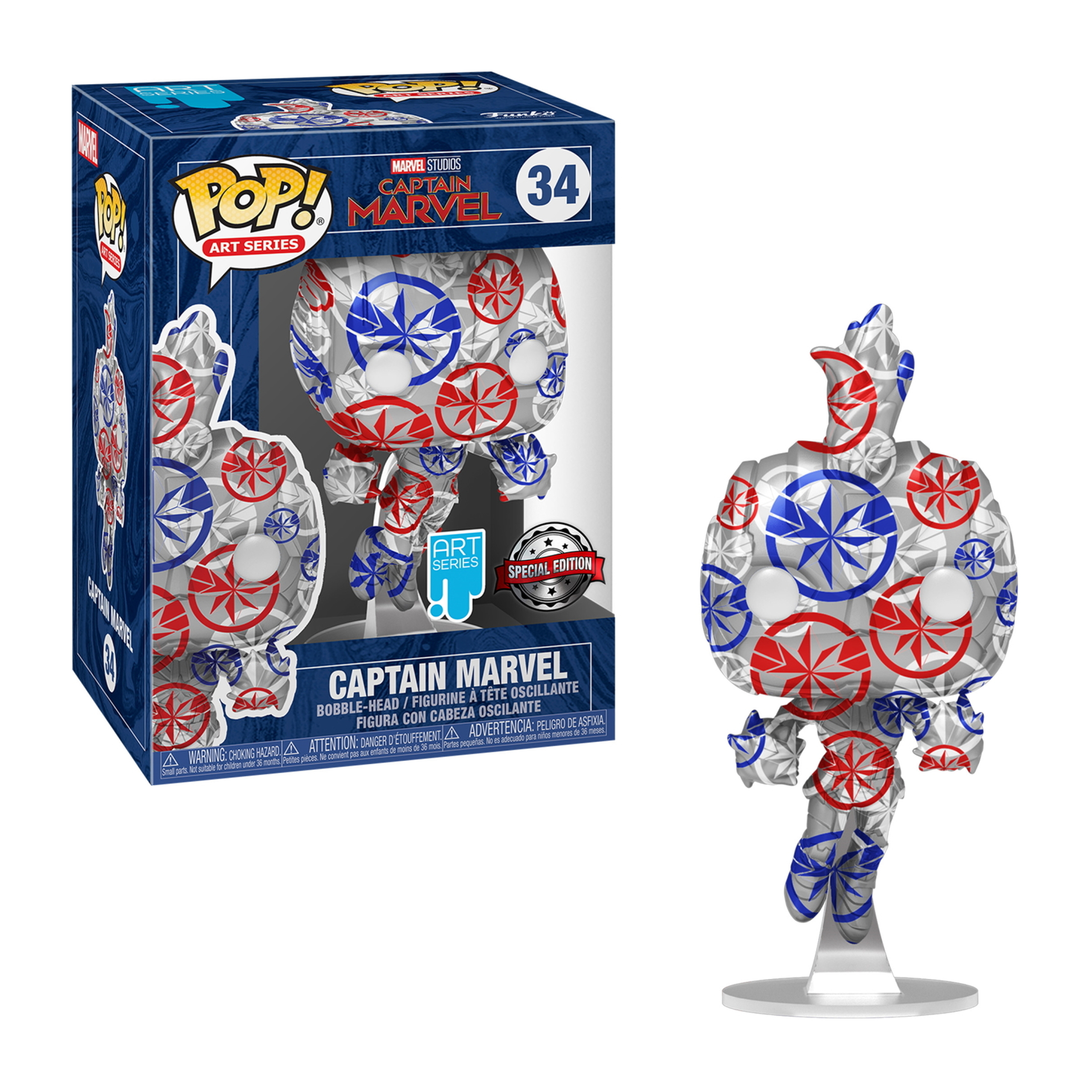 Captain Marvel Funko Pop Figur mit Box. Figur ist silber, rot und blau. Die Box hat das gleiche Design.
