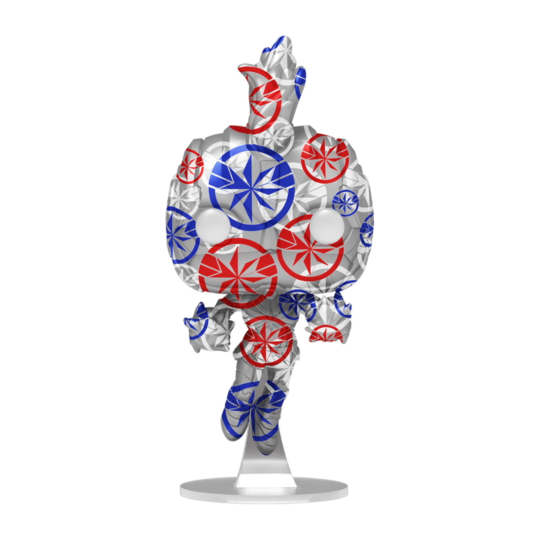 Eine Figur mit Sternmuster auf dem Körper, rote und blaue Sterne auf weißem Grund, auf einem Ständer.