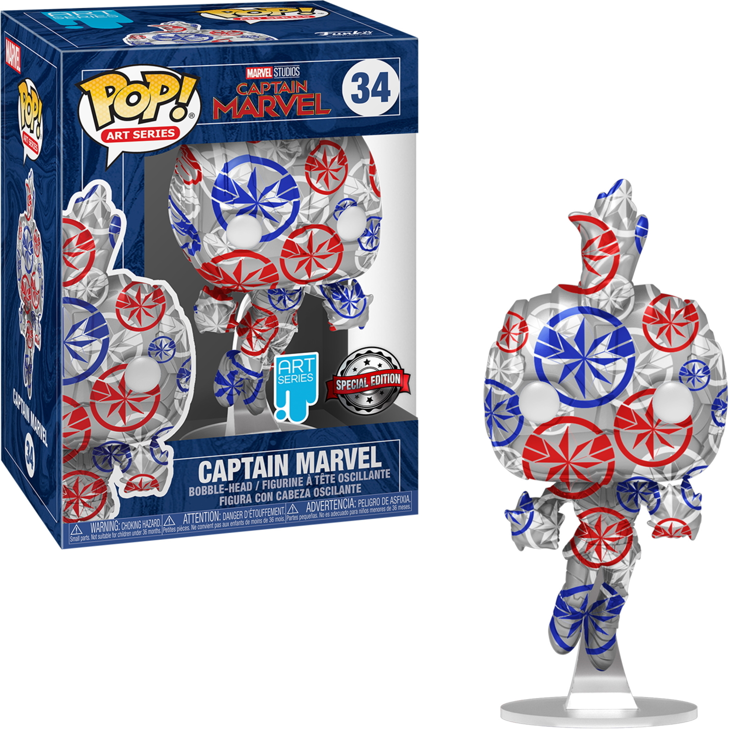 Captain Marvel Funko Pop Figur, mit Art-Style-Design, mit Box daneben.